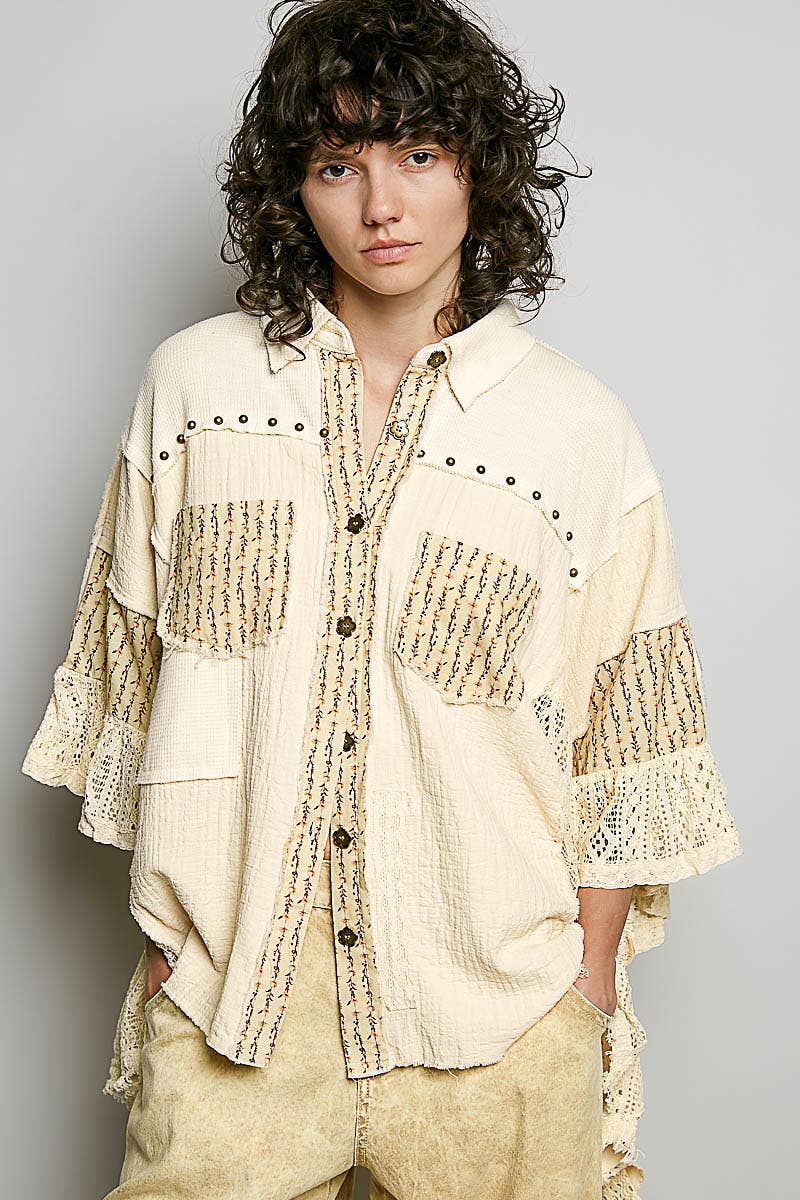 Easy Goes It Double Gauze Lace Crochet Patch Ruffle Button Down Shirt Top in Natural - ivyandlavyboutique Pol Clothing