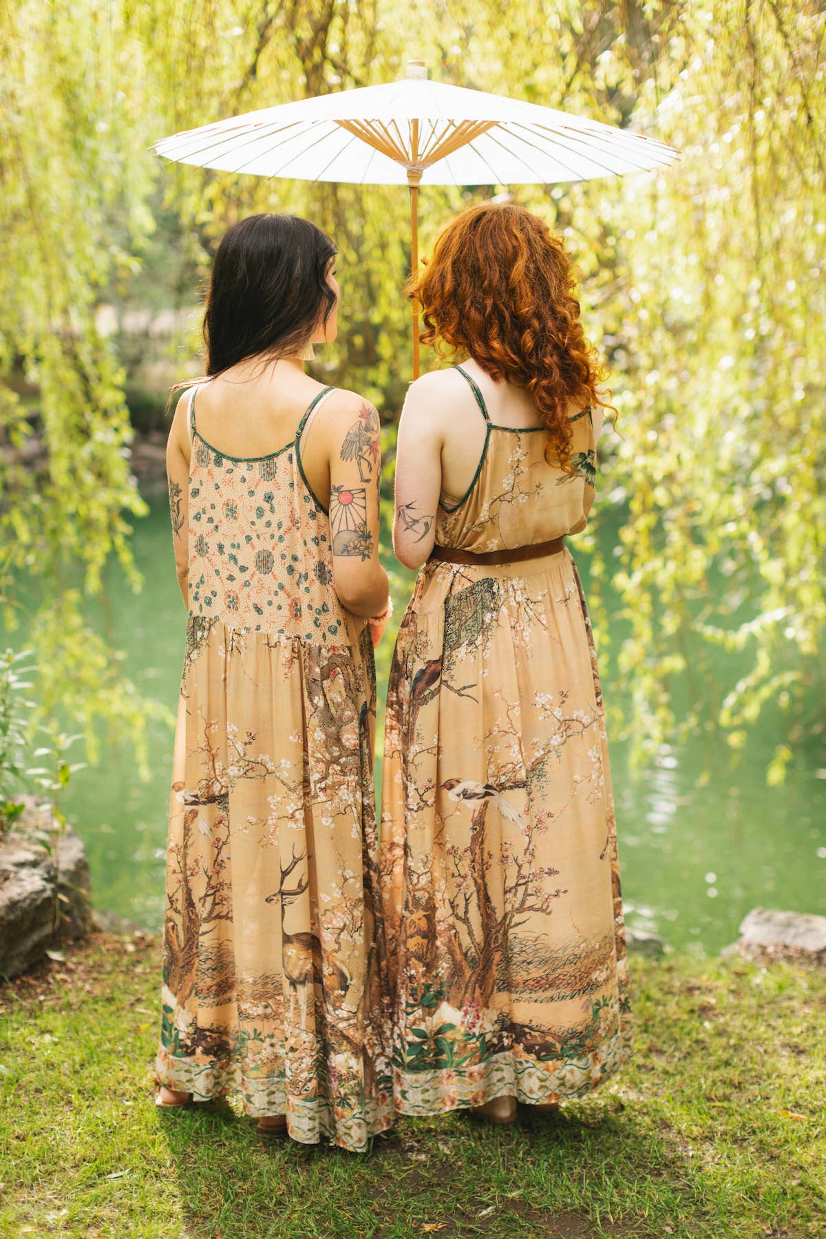 Fable Bohéme Long Maxi Slip Dress w/ Blossoms, Deer & Moon