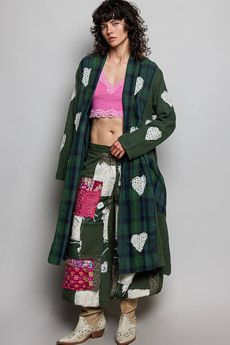 Plaid Textured Lace Heart Patch Woven Open Front Coat
