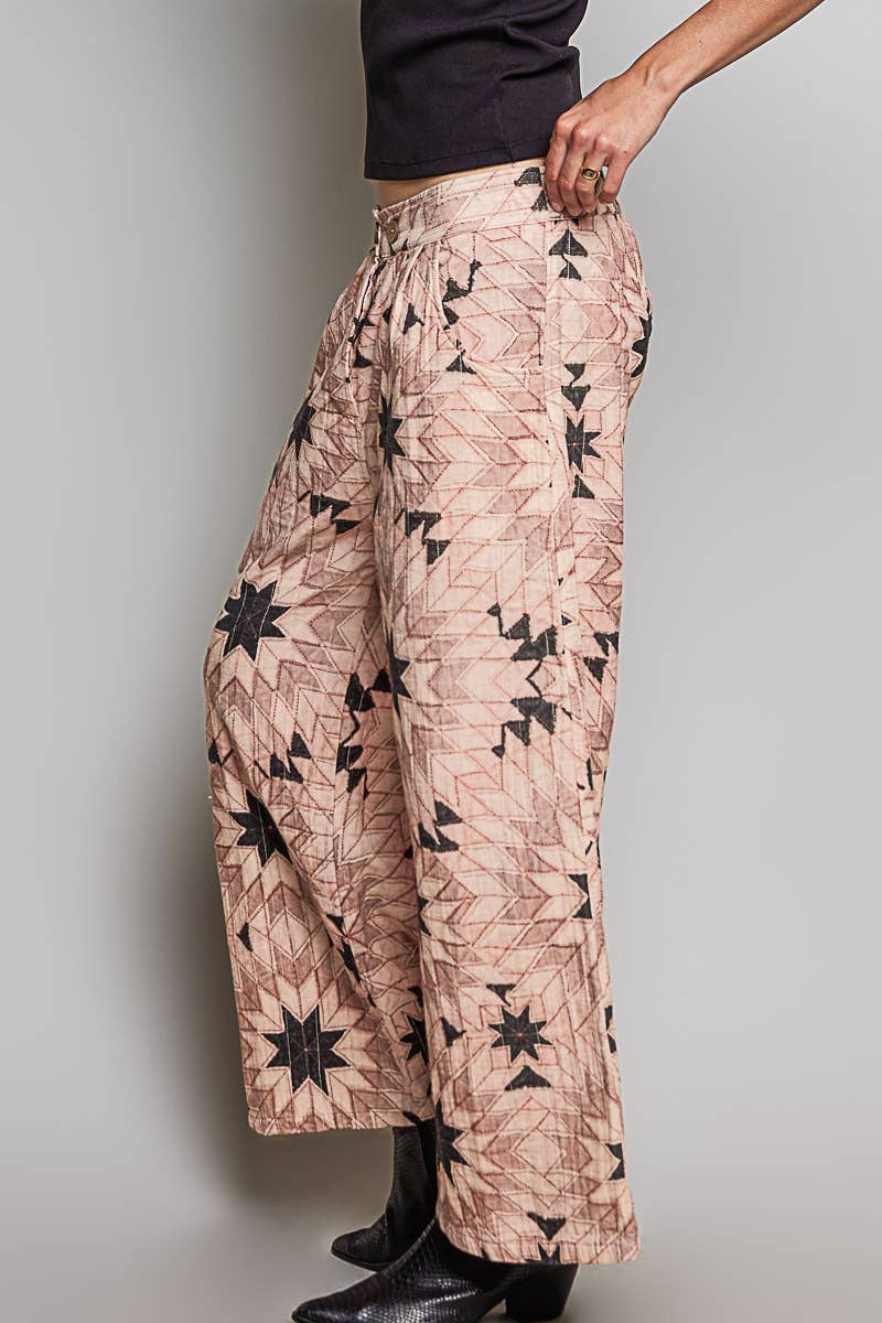 Elasticized Back Waistband Geometric Star Wide Leg Pants - ivyandlavyboutique Pol Clothing