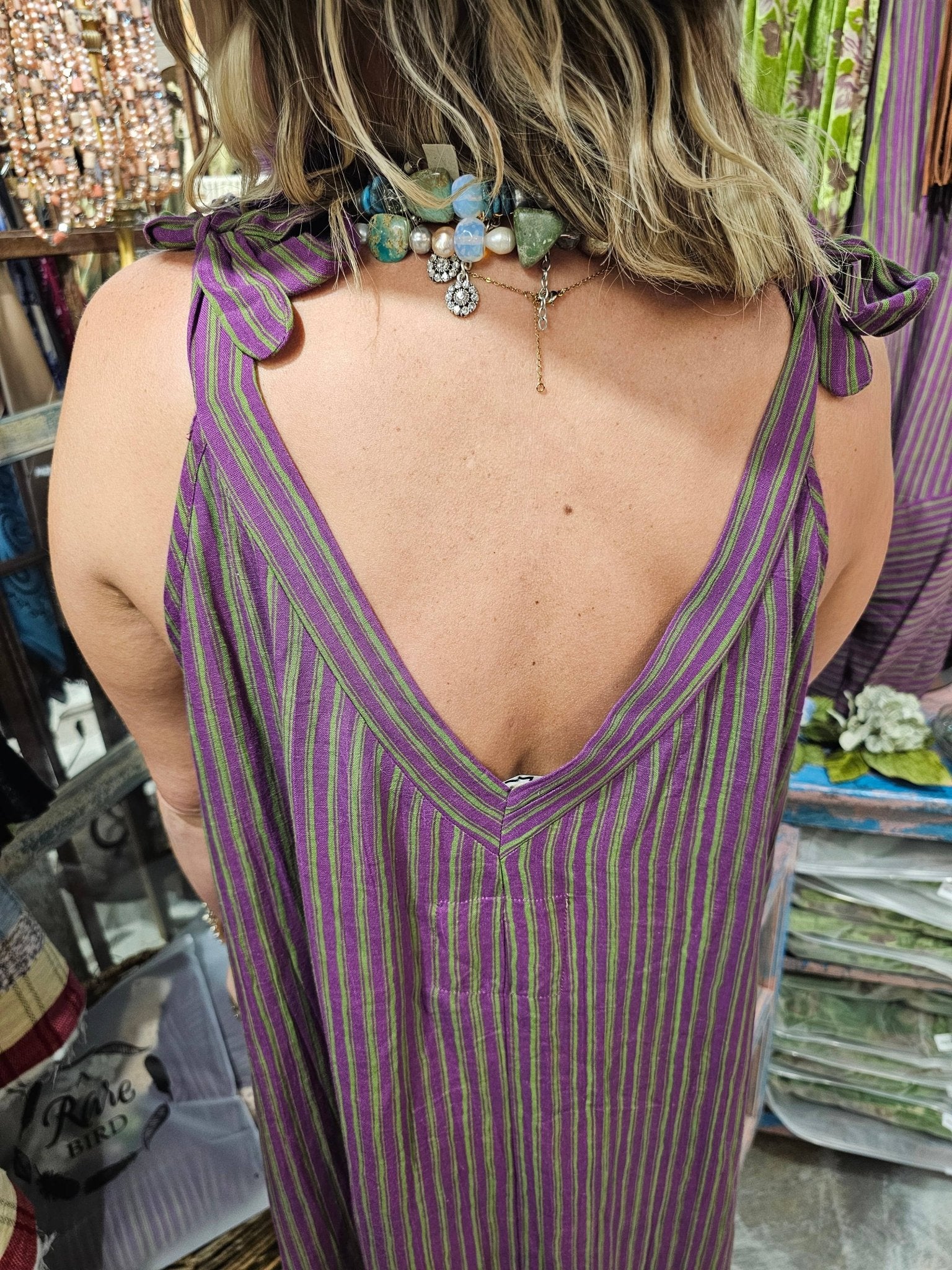 Elegant Purple/Green Stripe Lace Dress - ivyandlavyboutique A Rare Bird Shop