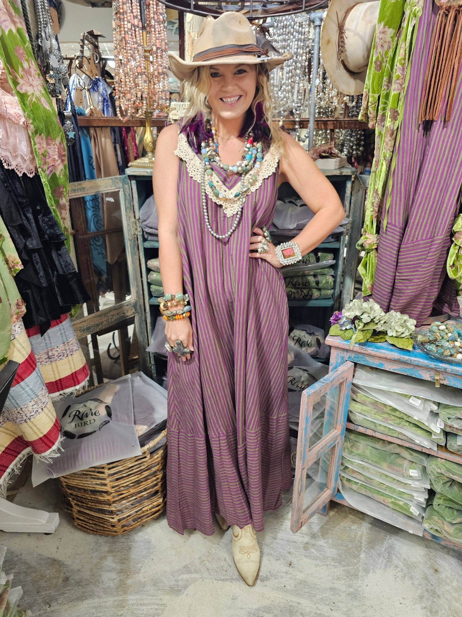 Elegant Purple/Green Stripe Lace Dress - ivyandlavyboutique A Rare Bird Shop
