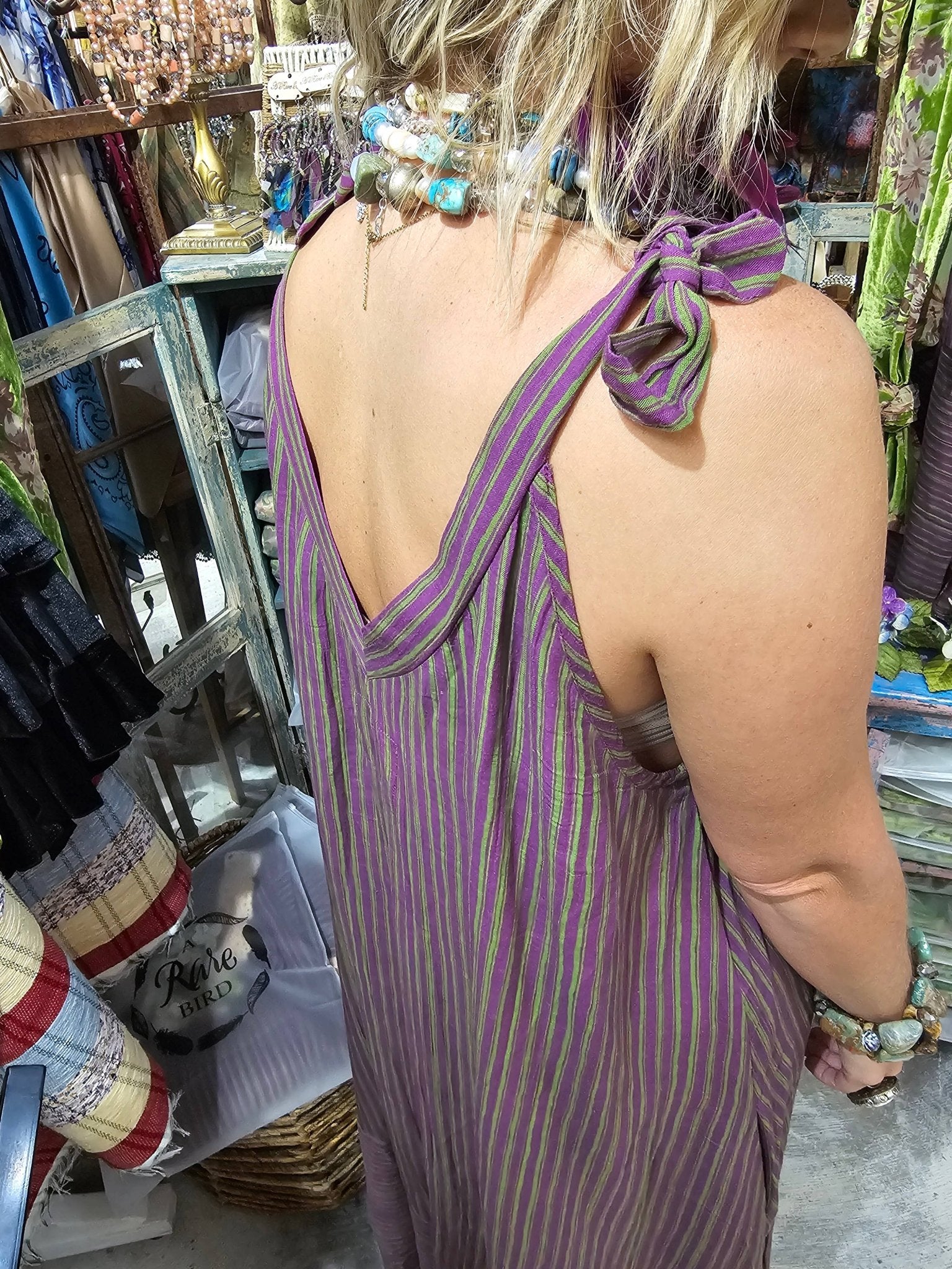 Elegant Purple/Green Stripe Lace Dress - ivyandlavyboutique A Rare Bird Shop