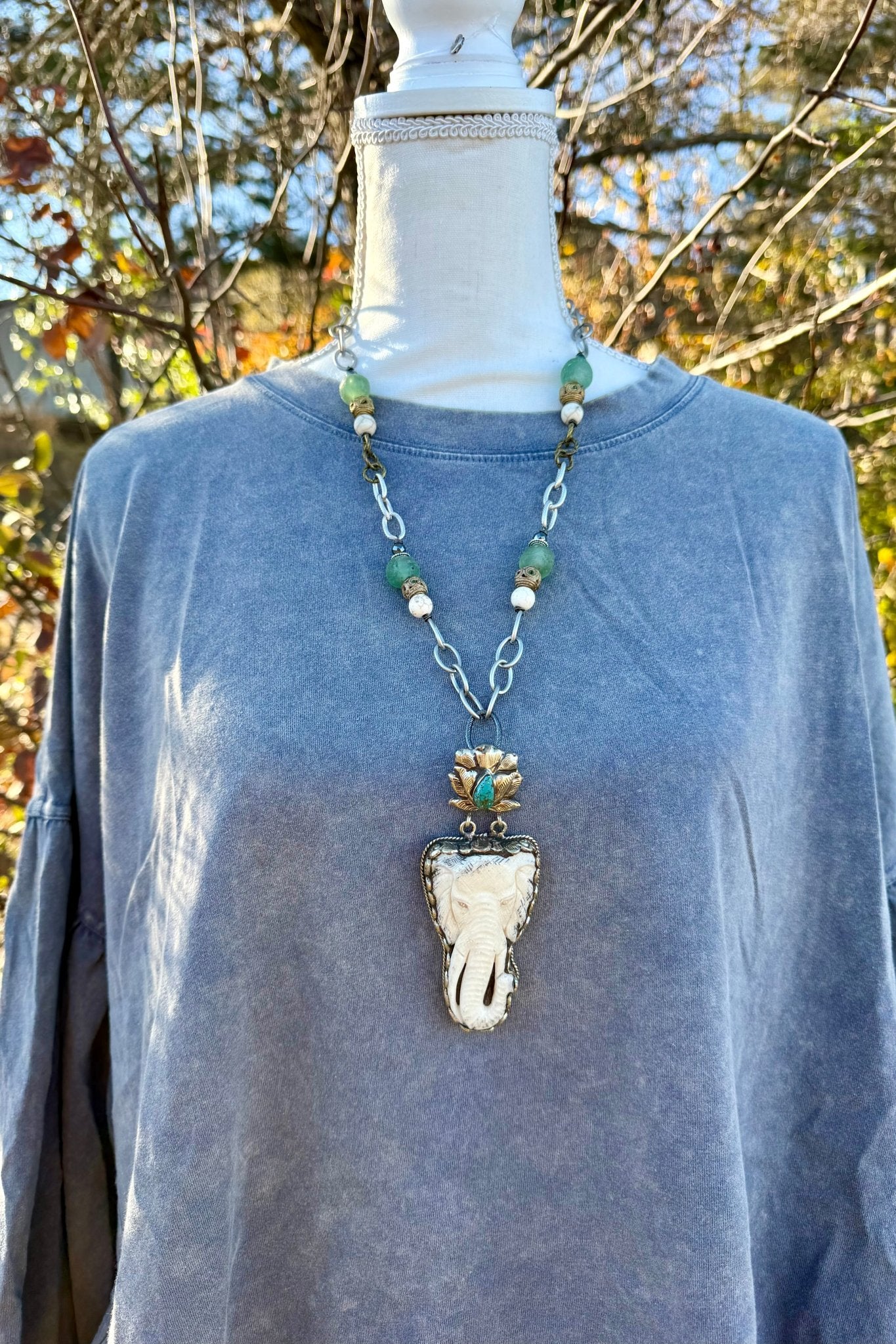 Elephant Carved Statement Necklace w/ Turquoise - ivyandlavyboutique ivyandlavyboutique