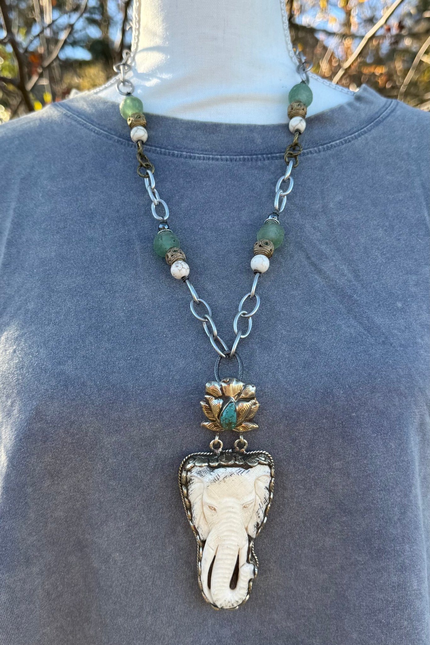 Elephant Carved Statement Necklace w/ Turquoise - ivyandlavyboutique ivyandlavyboutique