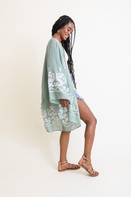 Embroidered Floral Vine Lightweight Kimono - ivyandlavyboutique Leto Accessories