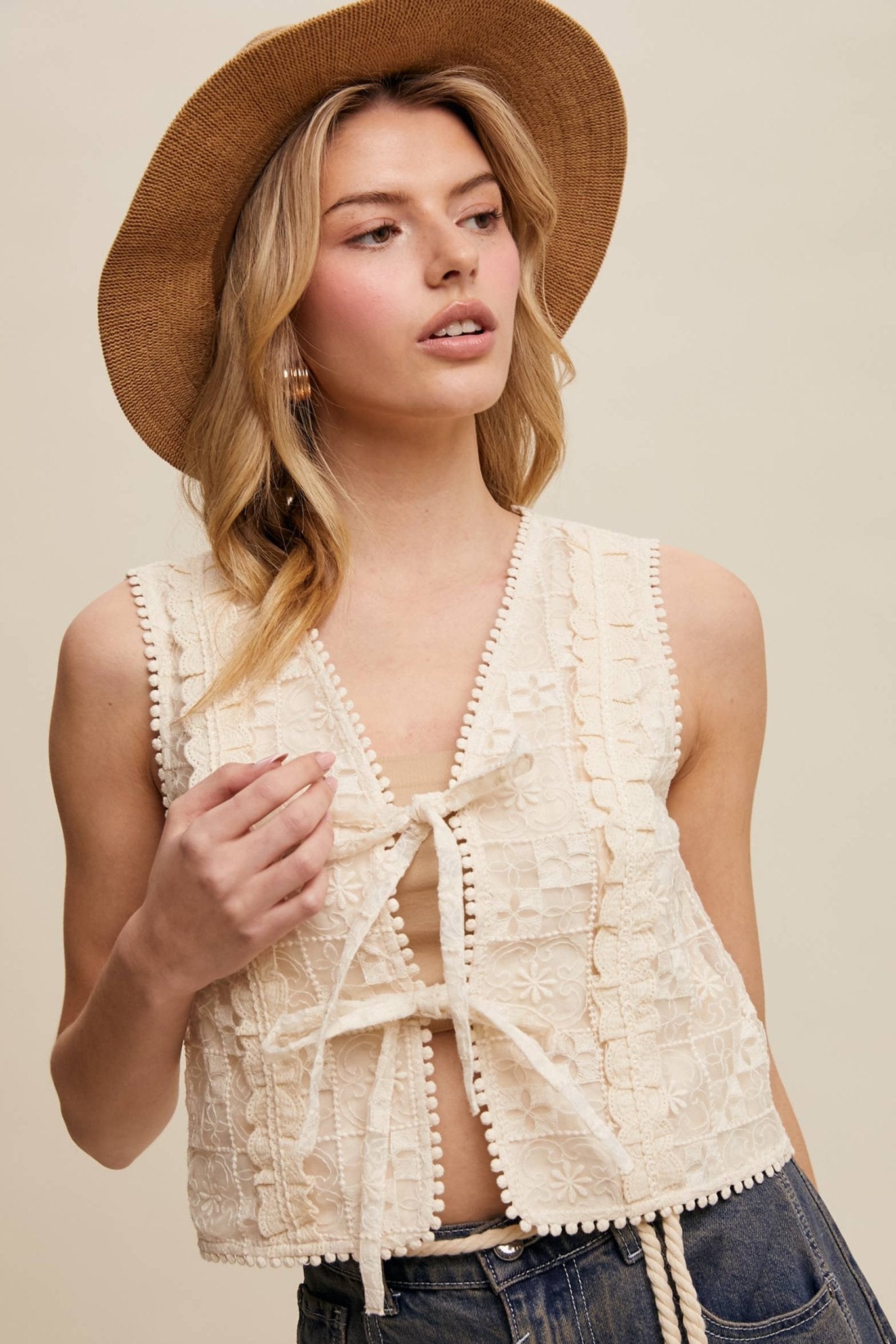 Embroidered Lace Tie - Front Vest in Ercu - ivyandlavyboutique Listicle