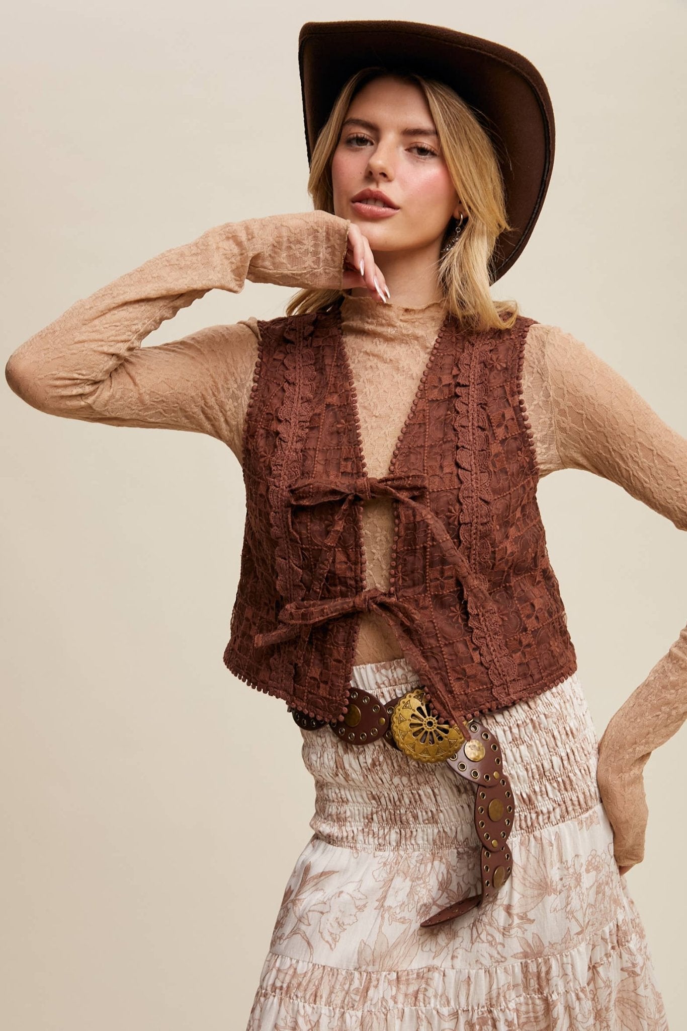 Embroidered Lace Tie - Front Vest in Mocha - ivyandlavyboutique Listicle