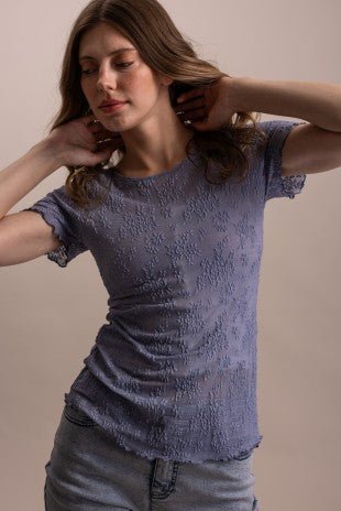 Embroidered Mesh Lace Fitted Short Sleeve Top - ivyandlavyboutique Blue Velvet