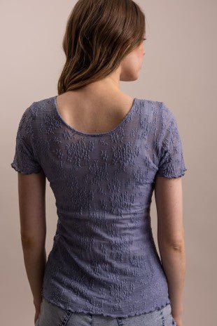 Embroidered Mesh Lace Fitted Short Sleeve Top - ivyandlavyboutique Blue Velvet