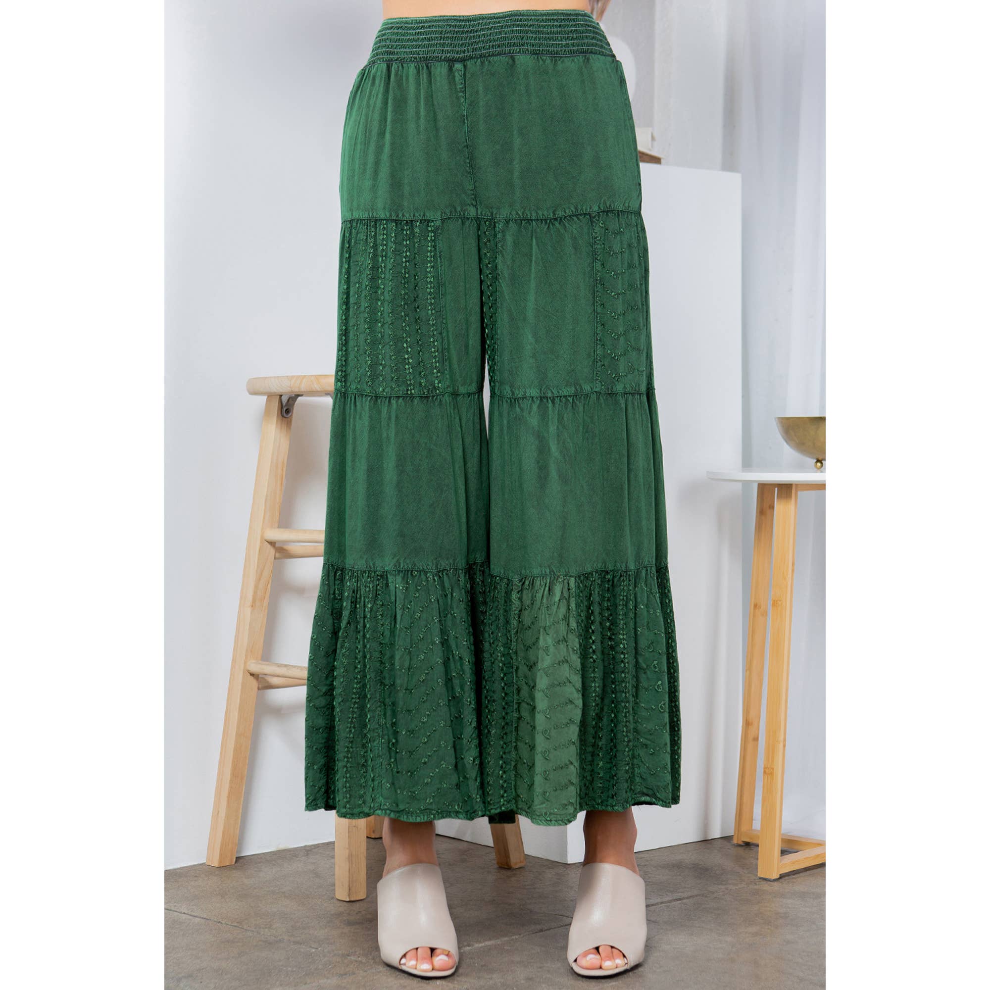 Embroidered Patchwork Tiered Flared Pants In Basil - ivyandlavyboutique Young Threads