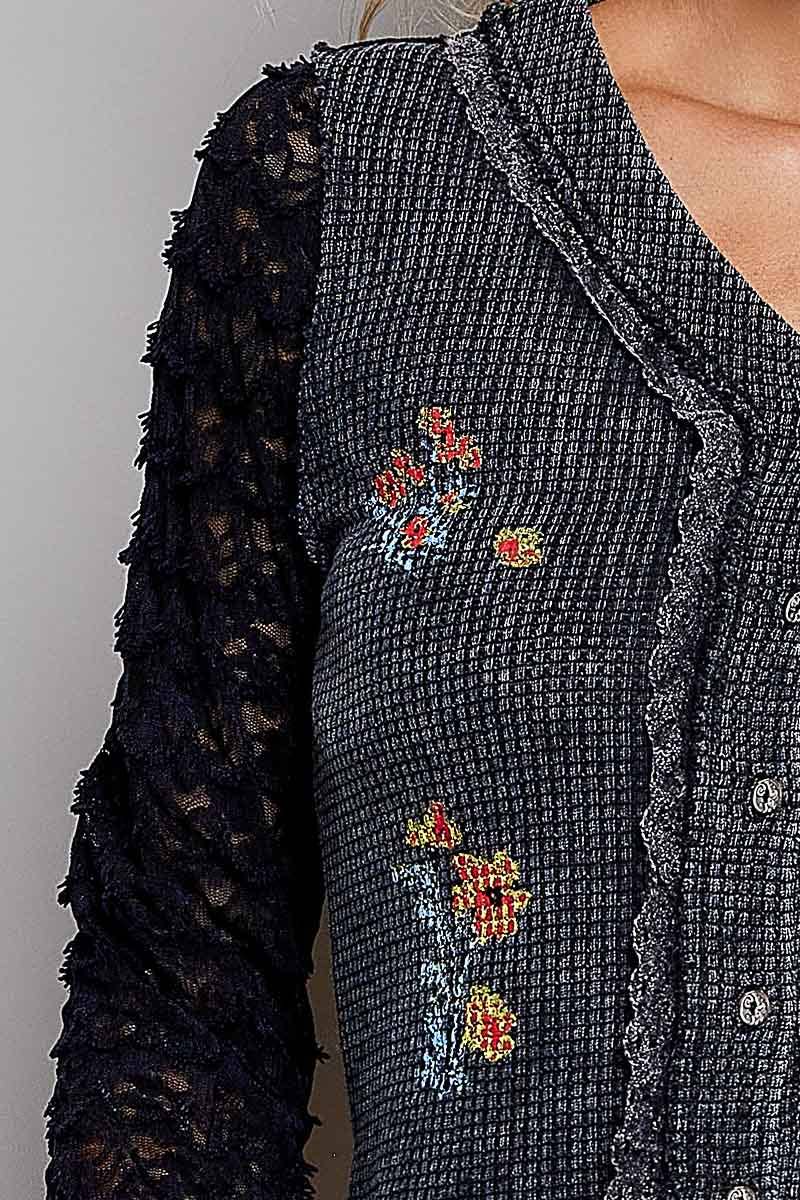 Everdeen Vintage Wash Thermal Lace Sleeve V-Neck Button Slim Top - ivyandlavyboutique Pol Clothing