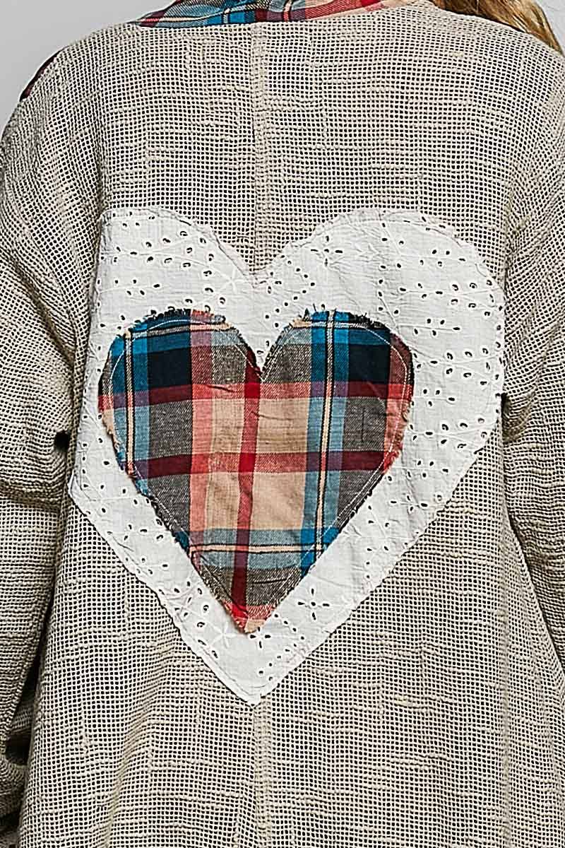 Heart Throb Plaid Textured Lace Heart Patch Woven Open Front Coat in Green