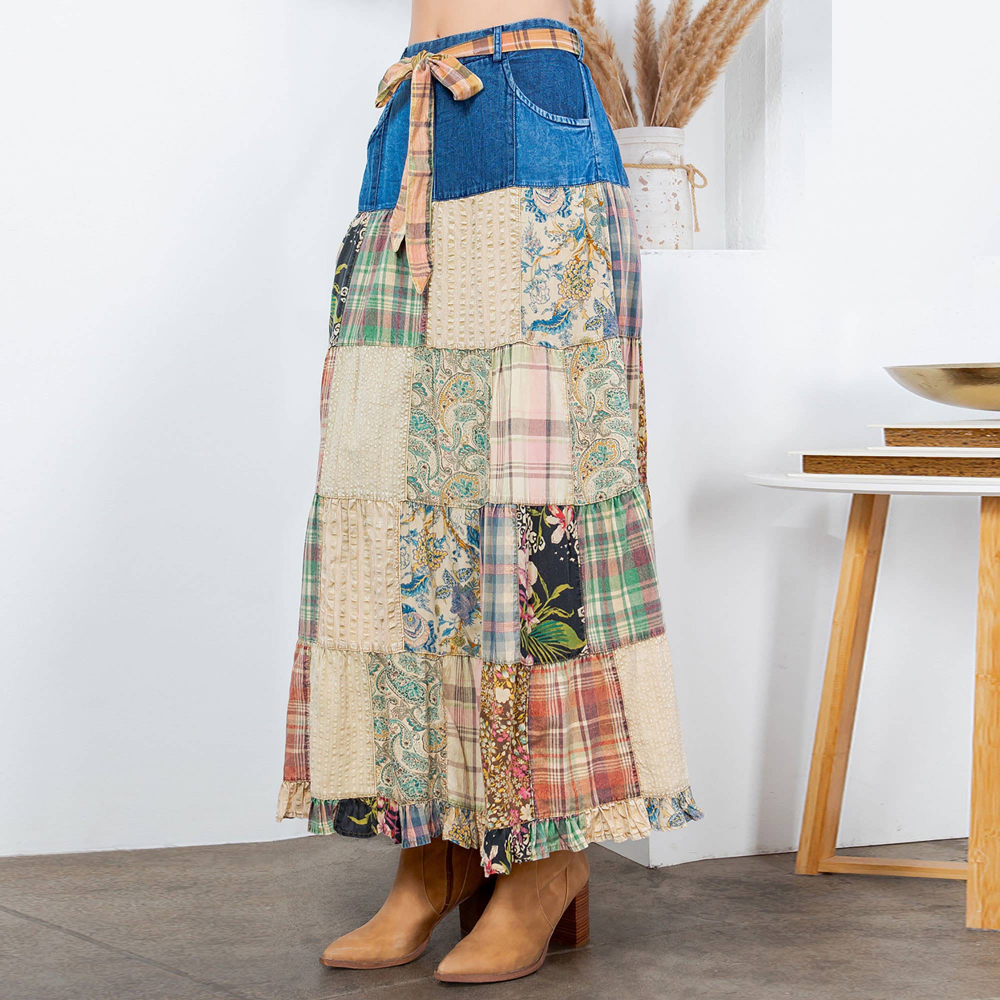 Betsys Western Boho Chic: Patchwork Belted Skirt