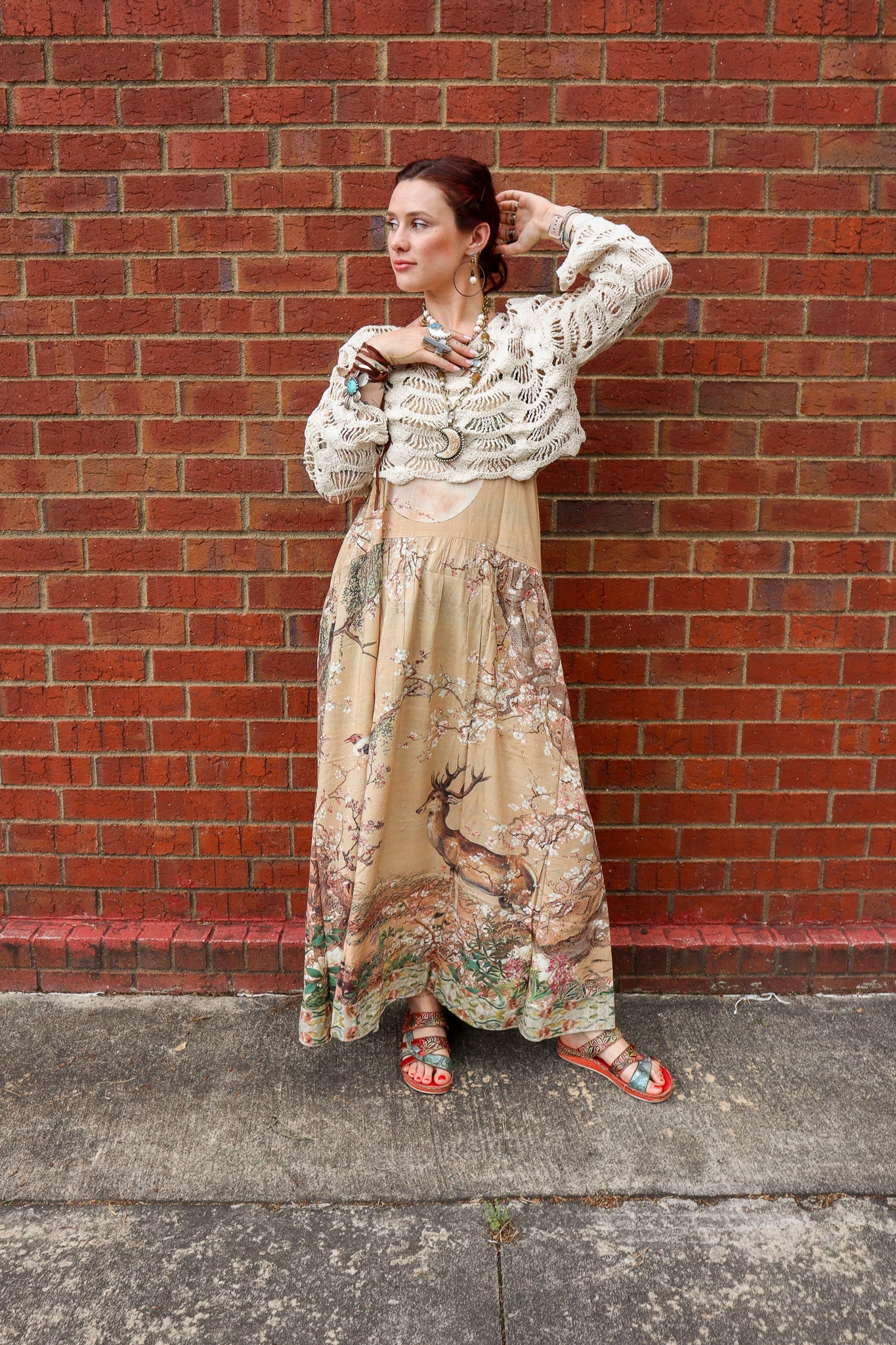 Fable Bohéme Long Maxi Slip Dress w/ Blossoms, Deer & Moon - ivyandlavyboutique Market of Stars