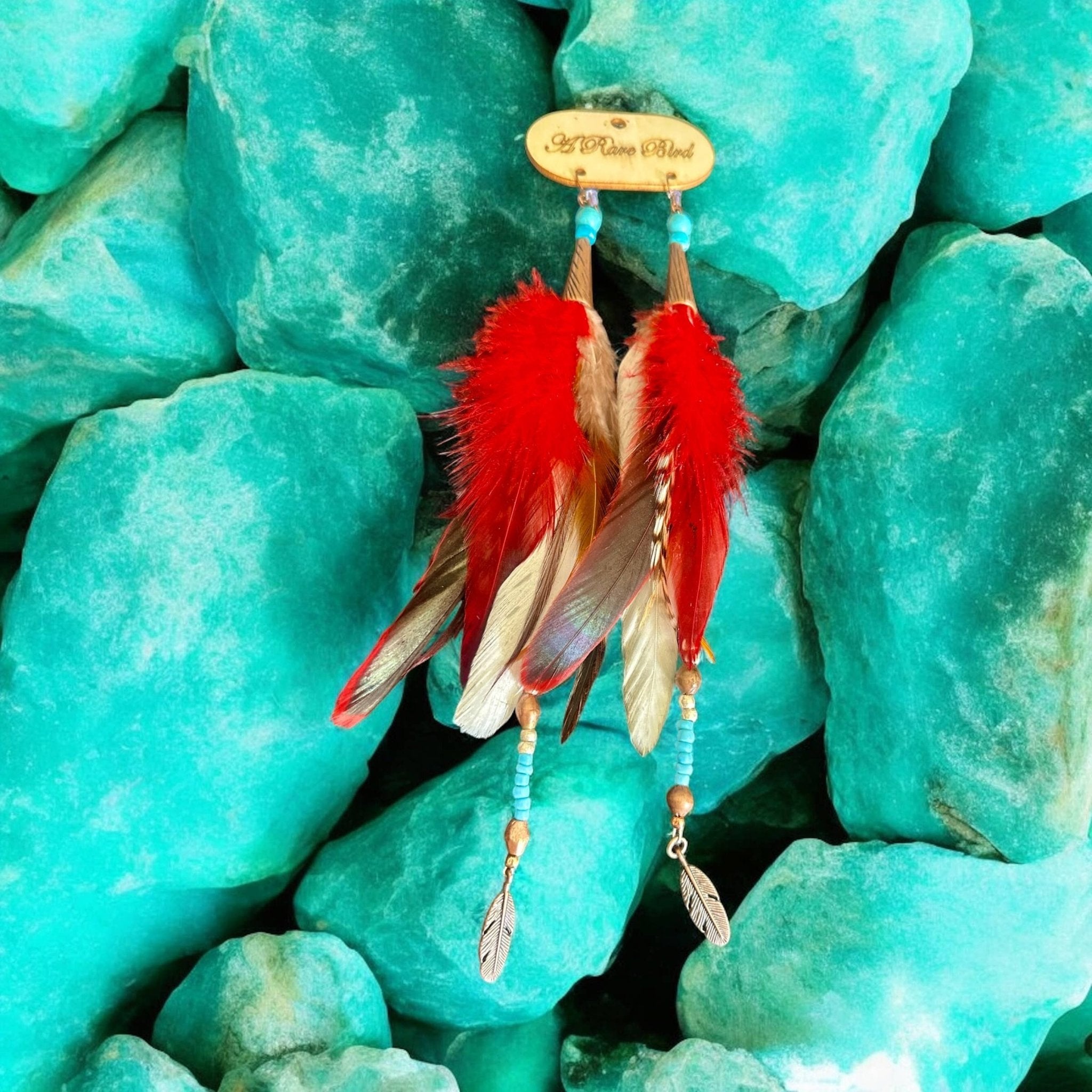 Fancy Red Feather Earrings - ivyandlavyboutique A Rare Bird Shop