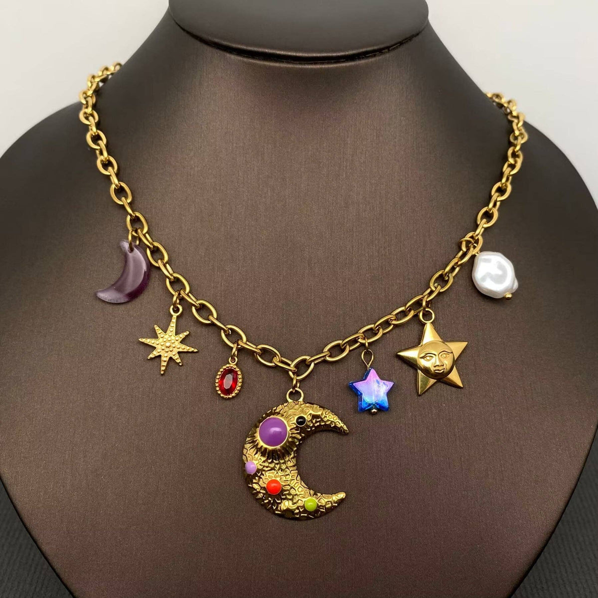 Fantastic Star Moon Charm 18K Golden SS Necklace - FGS/MS - ivyandlavyboutique Mio Queena