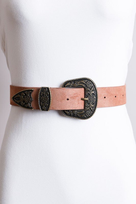 Faux Suede Antique Gold Western Buckle Belt - ivyandlavyboutique Leto Accessories