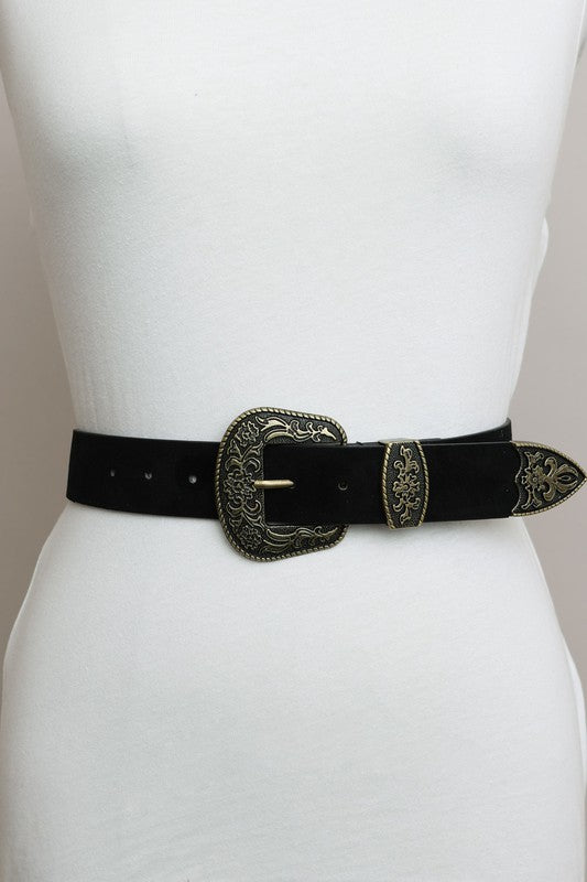 Faux Suede Antique Gold Western Buckle Belt - ivyandlavyboutique Leto Accessories