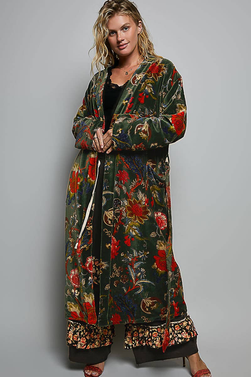 Full Length Self Tie Belt Kimono Style Robe Velvet Jacket in Green