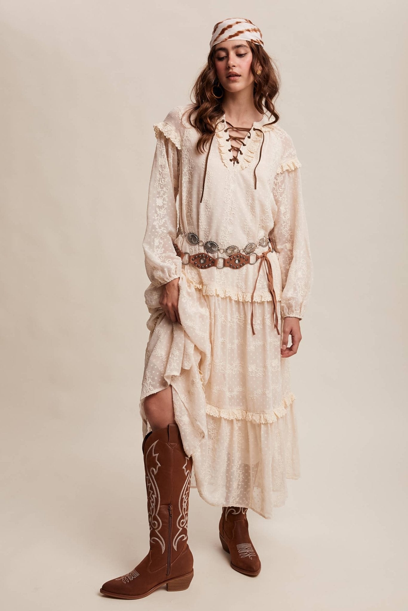 Final Sale - Lace - Up Tiered Embroidered Maxi Dress - ivyandlavyboutique Listicle