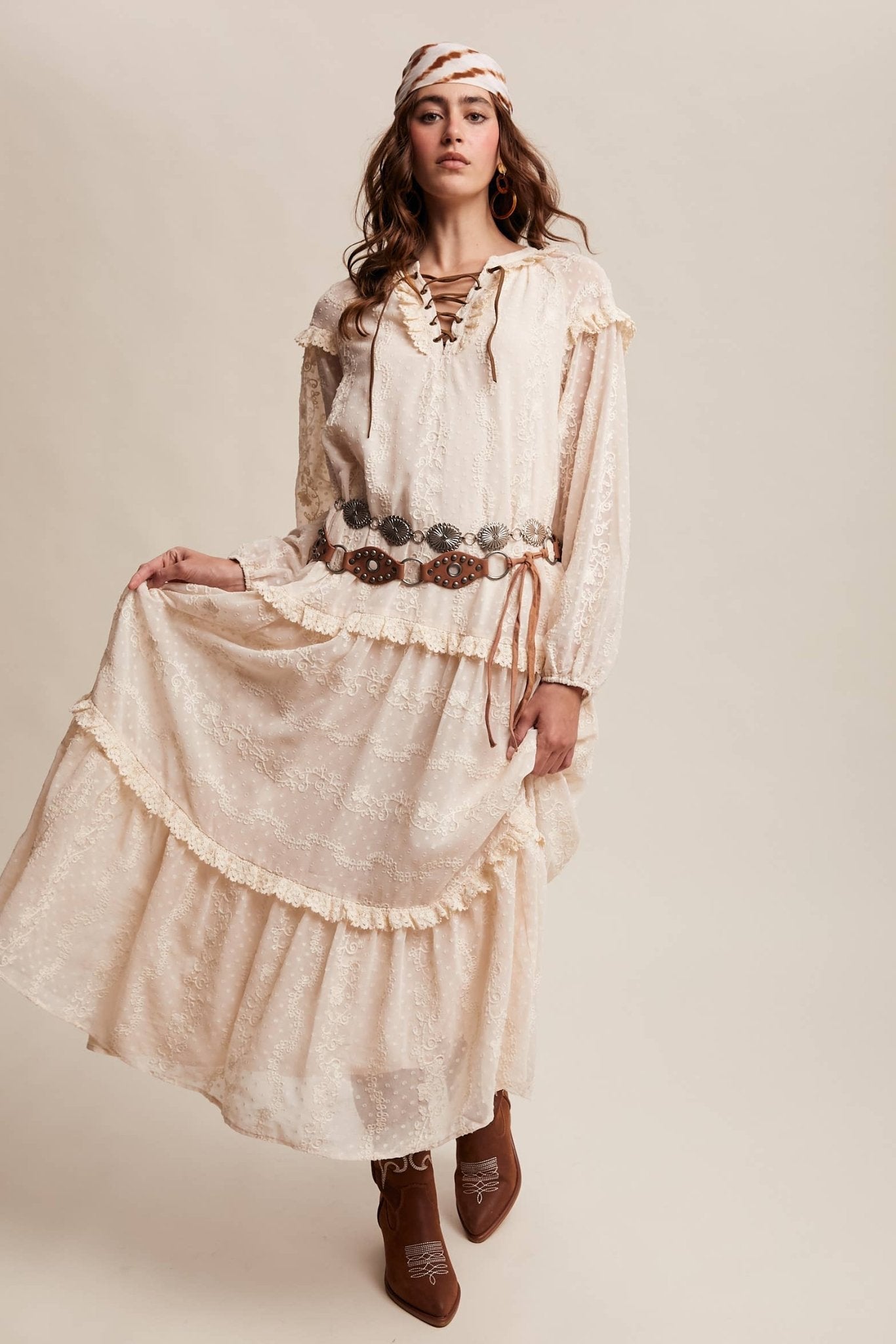 Final Sale - Lace - Up Tiered Embroidered Maxi Dress - ivyandlavyboutique Listicle