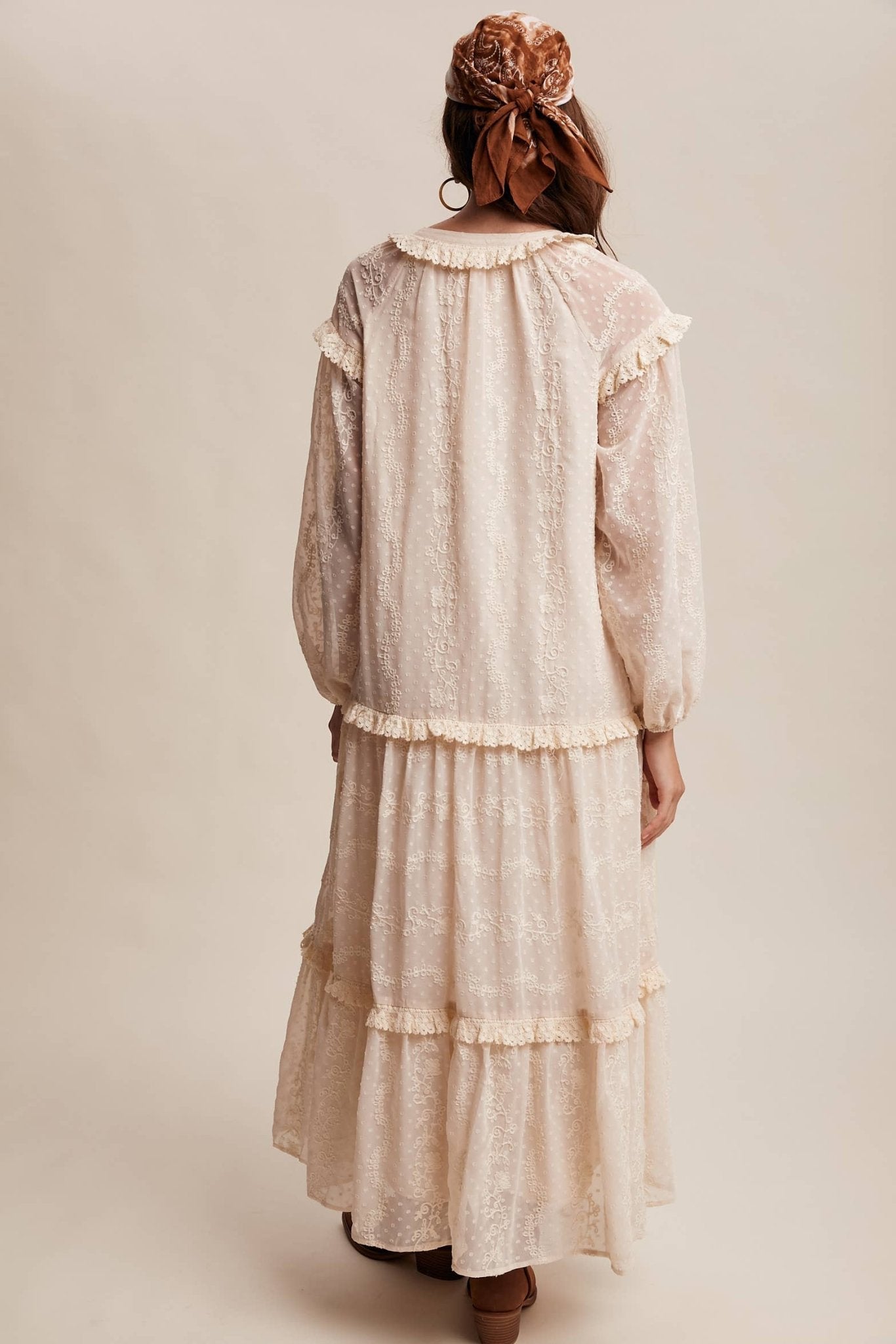 Final Sale - Lace - Up Tiered Embroidered Maxi Dress - ivyandlavyboutique Listicle