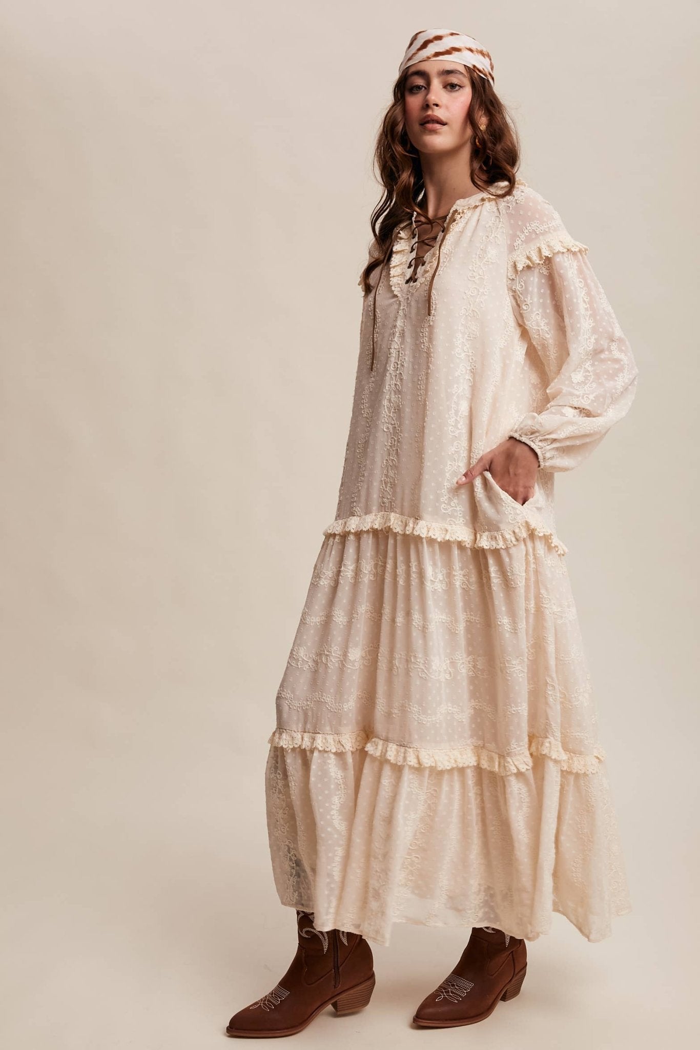 Final Sale - Lace - Up Tiered Embroidered Maxi Dress - ivyandlavyboutique Listicle