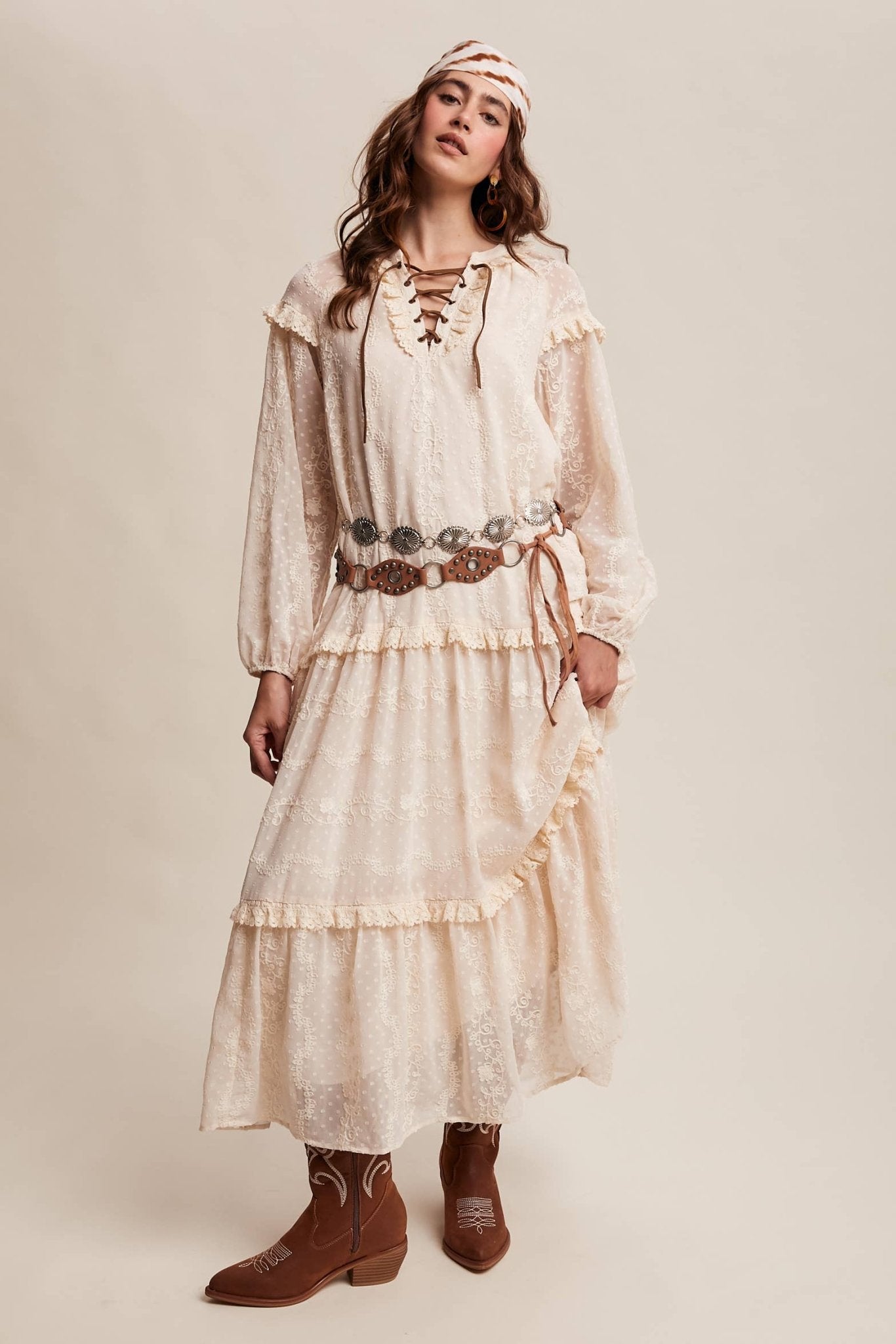 Final Sale - Lace - Up Tiered Embroidered Maxi Dress - ivyandlavyboutique Listicle