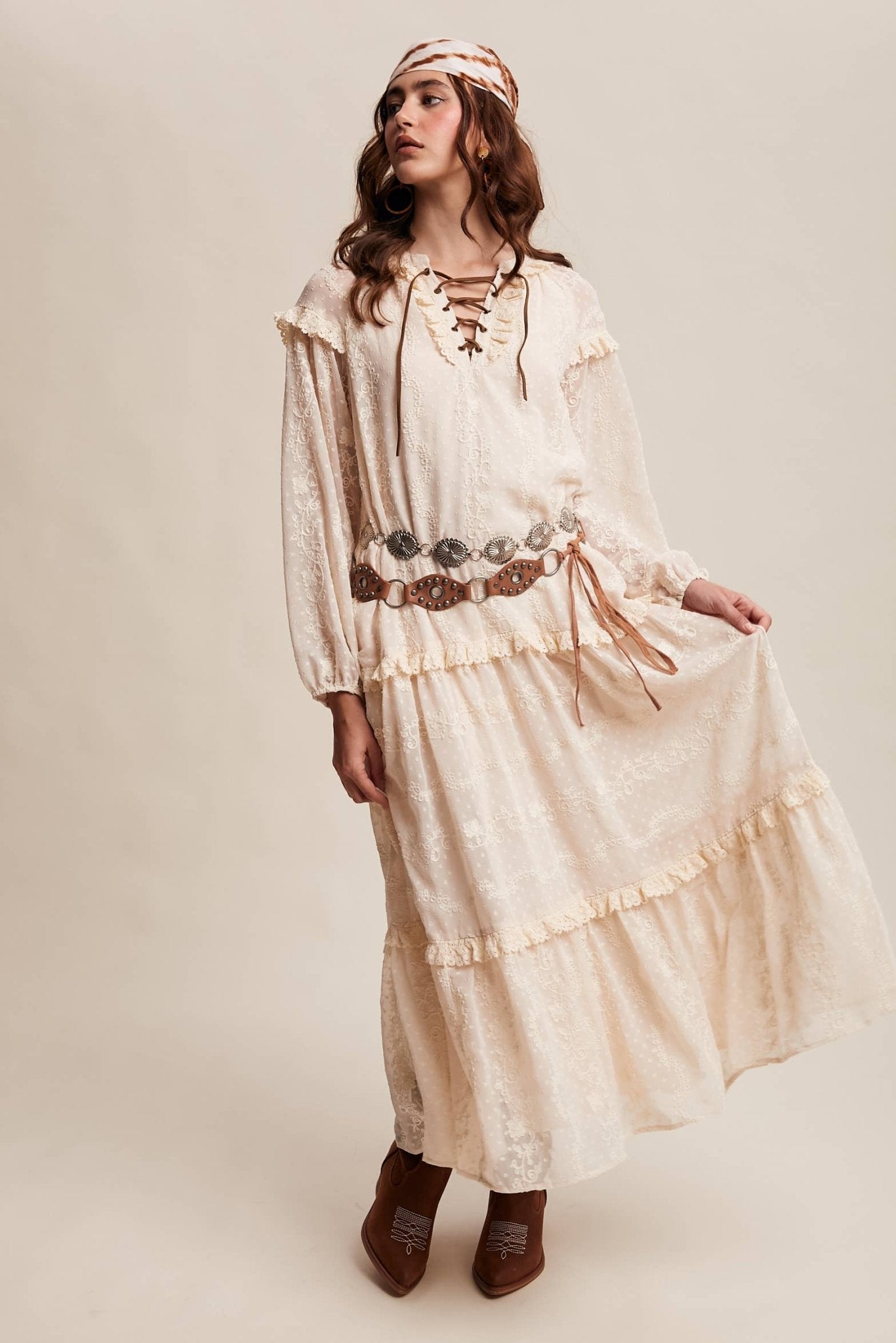 Final Sale - Lace - Up Tiered Embroidered Maxi Dress - ivyandlavyboutique Listicle