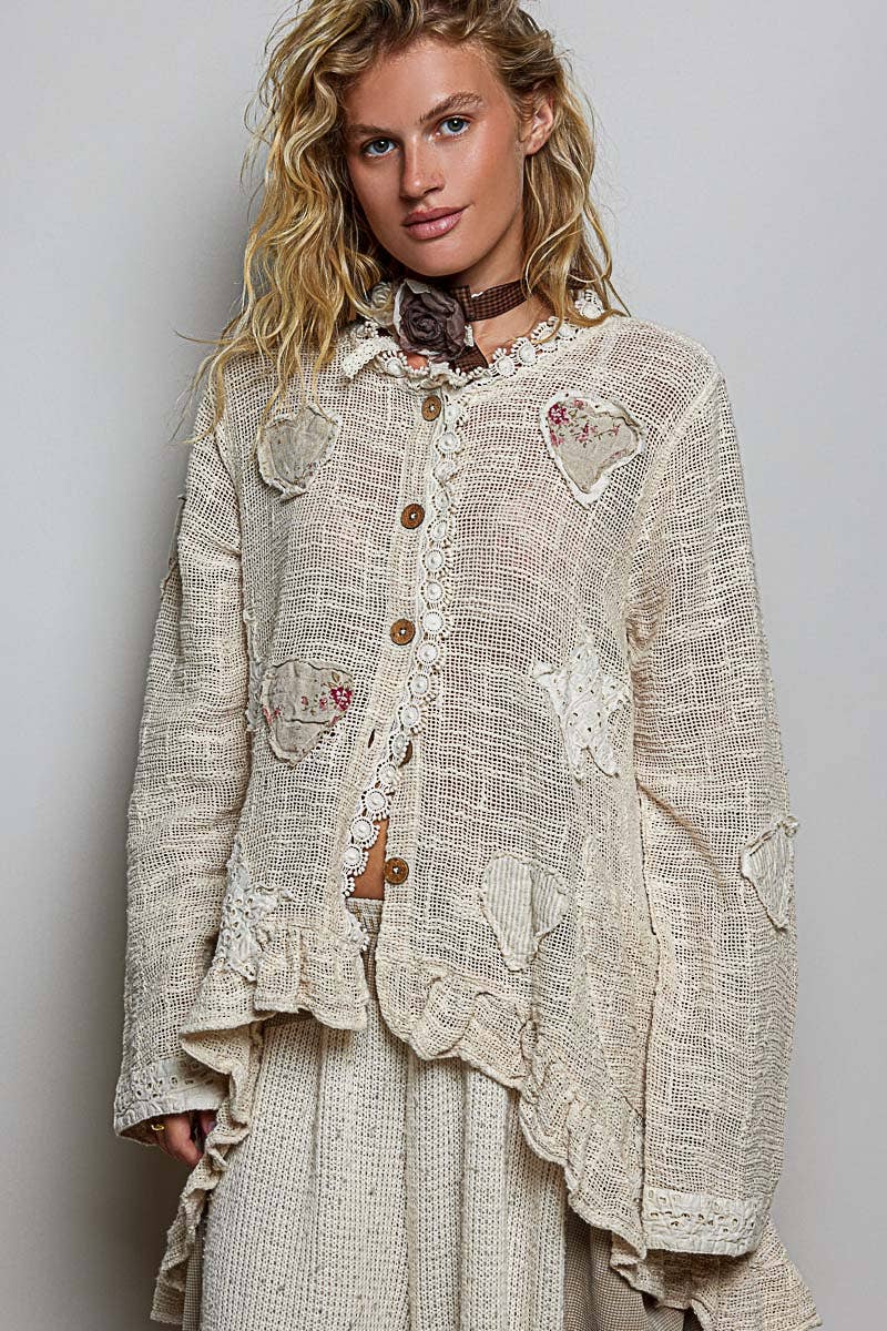 Floral Heart and Star Appliqué Crochet Lace Trim Cardigan - Boho Wanderlust Boutique Pol Clothing