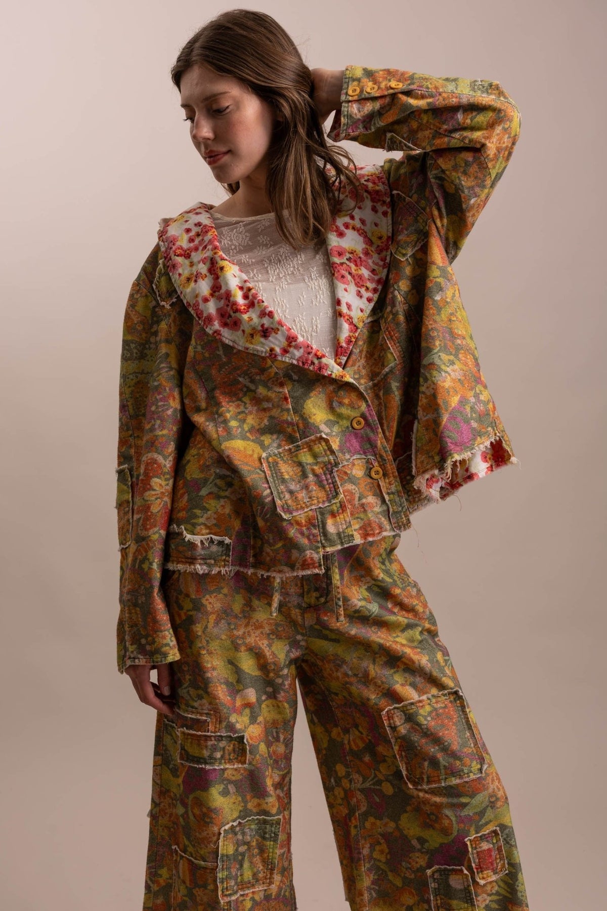 Floral Patchwork Statement Collared Jacket - Boho Wanderlust Boutique Blue Velvet