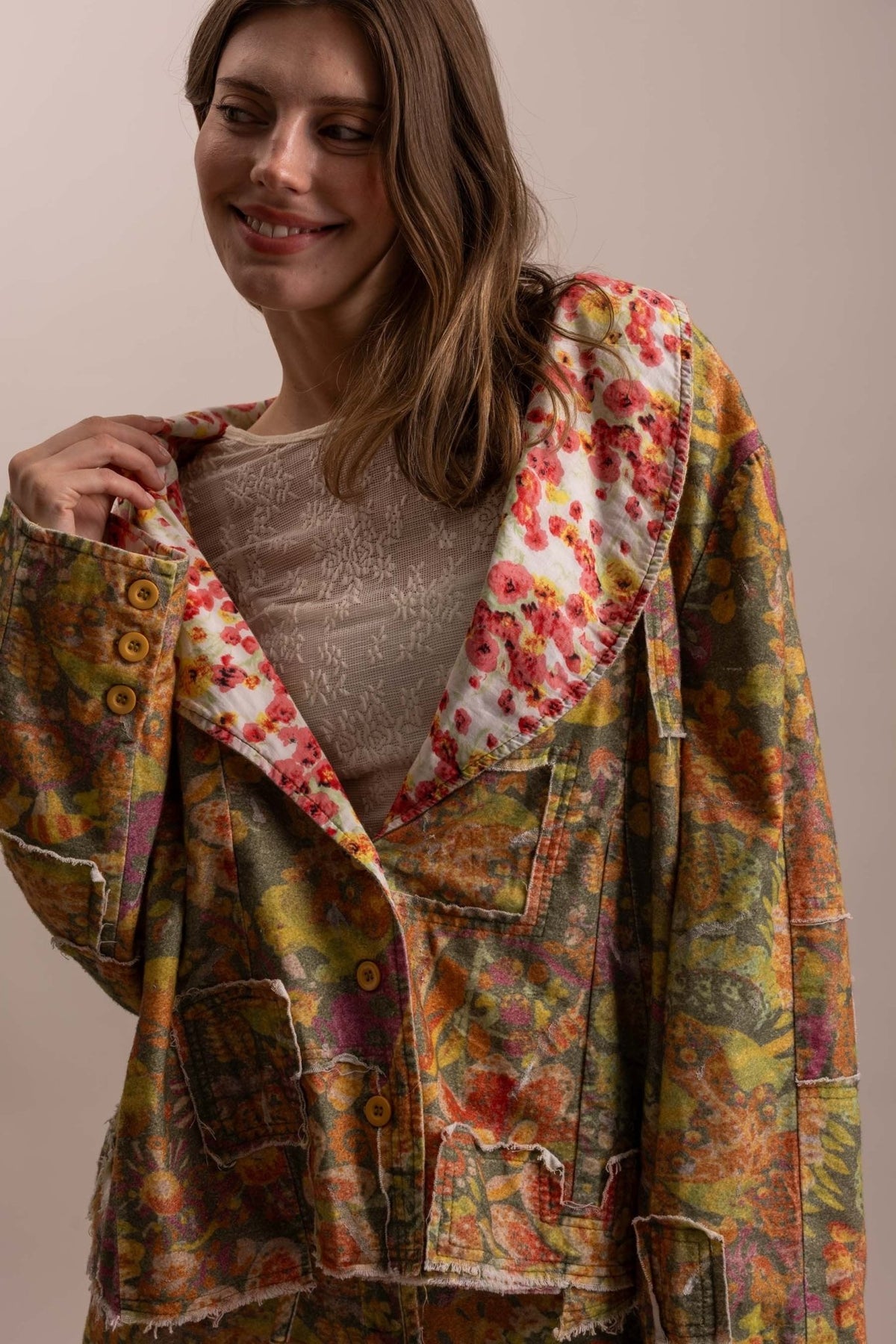 Floral Patchwork Statement Collared Jacket - Boho Wanderlust Boutique Blue Velvet