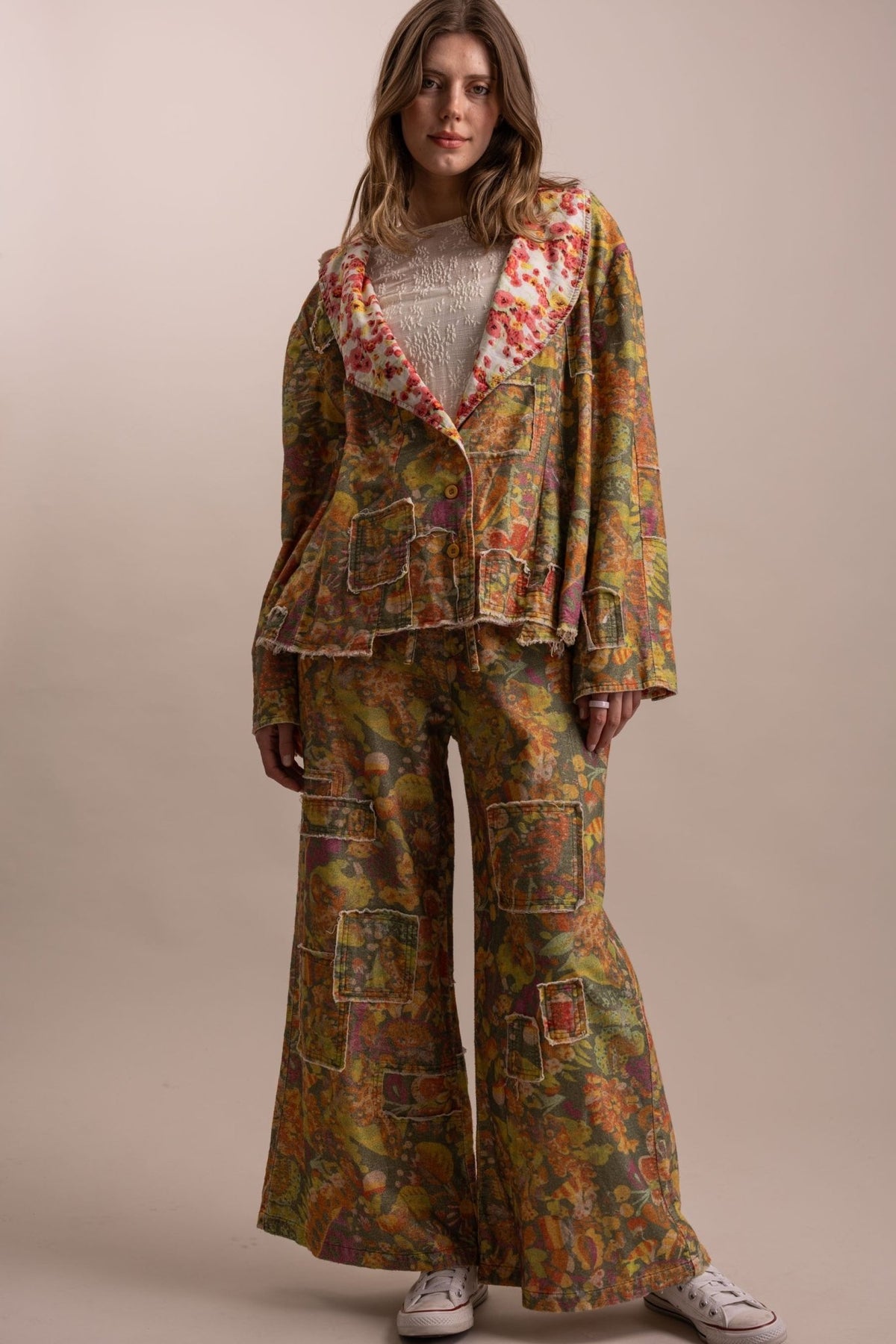 Floral Patchwork Statement Collared Jacket - Boho Wanderlust Boutique Blue Velvet