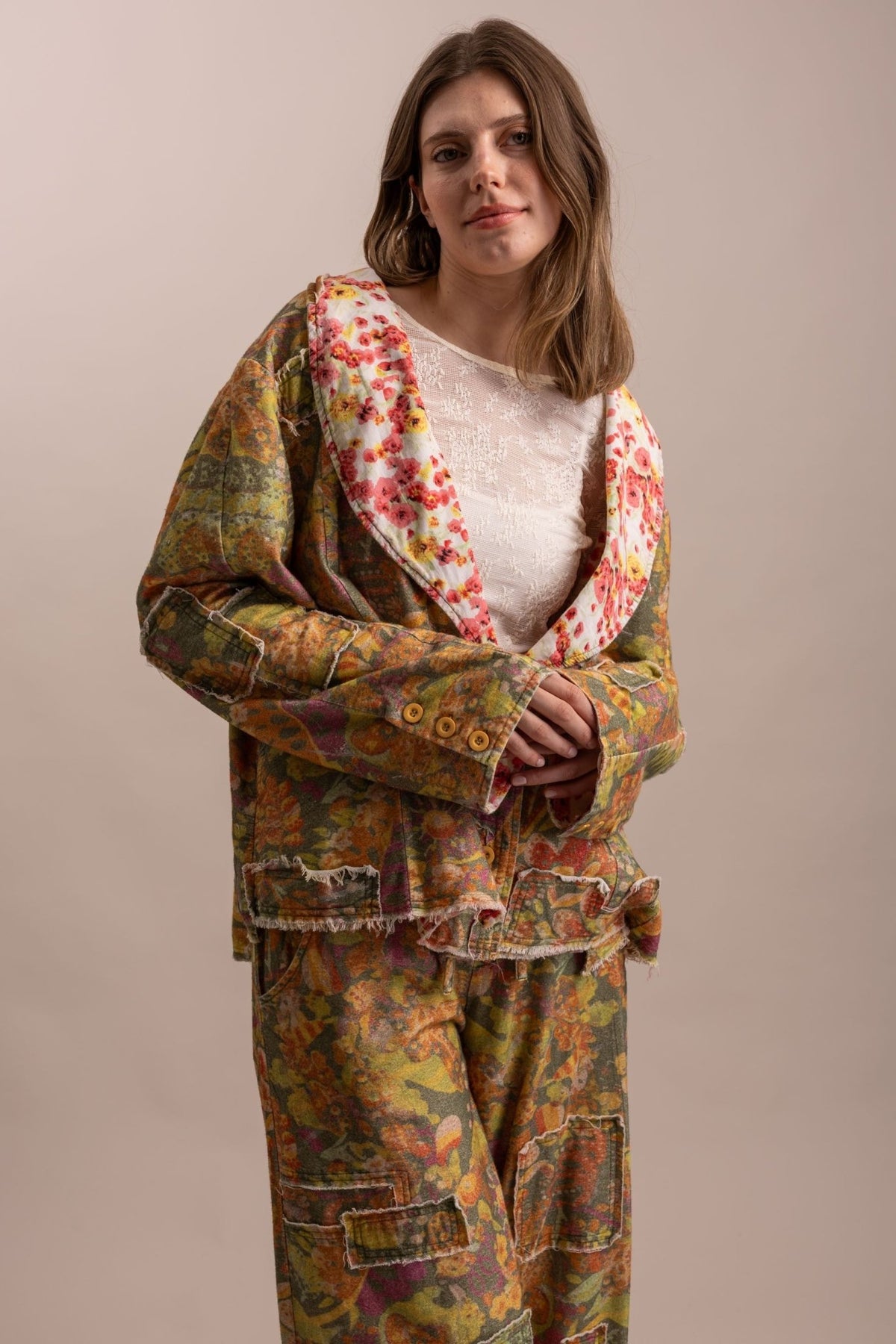 Floral Patchwork Statement Collared Jacket - Boho Wanderlust Boutique Blue Velvet