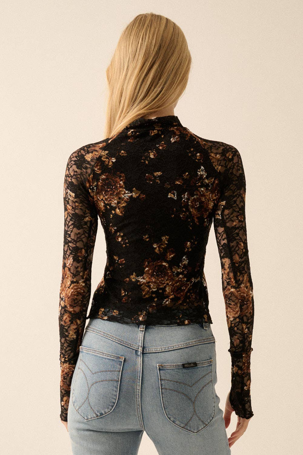 Floral - Print Lace Mock - Neck Long - Sleeve Top - ivyandlavyboutique Promesa USA
