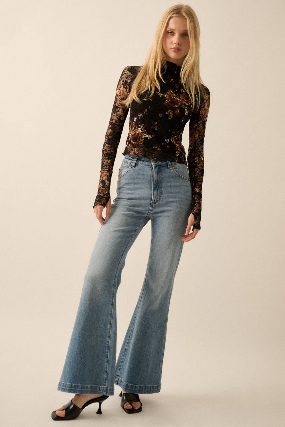 Floral - Print Lace Mock - Neck Long - Sleeve Top - ivyandlavyboutique Promesa USA