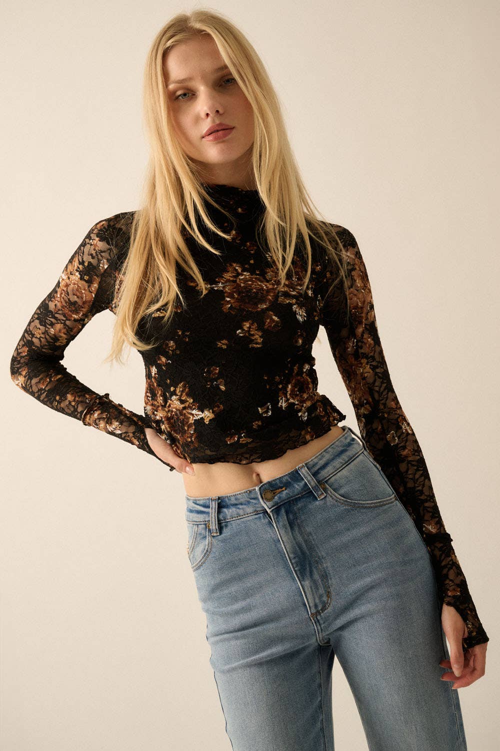 Floral - Print Lace Mock - Neck Long - Sleeve Top - ivyandlavyboutique Promesa USA