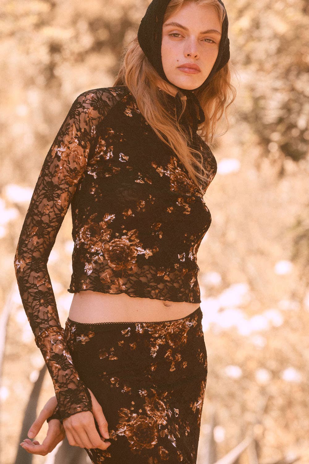 Floral - Print Lace Mock - Neck Long - Sleeve Top - ivyandlavyboutique Promesa USA