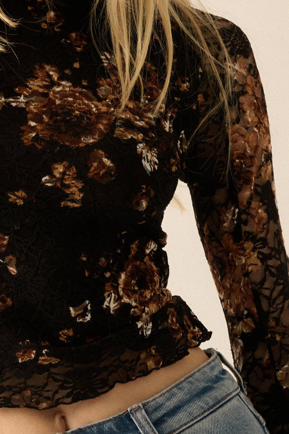 Floral - Print Lace Mock - Neck Long - Sleeve Top - ivyandlavyboutique Promesa USA