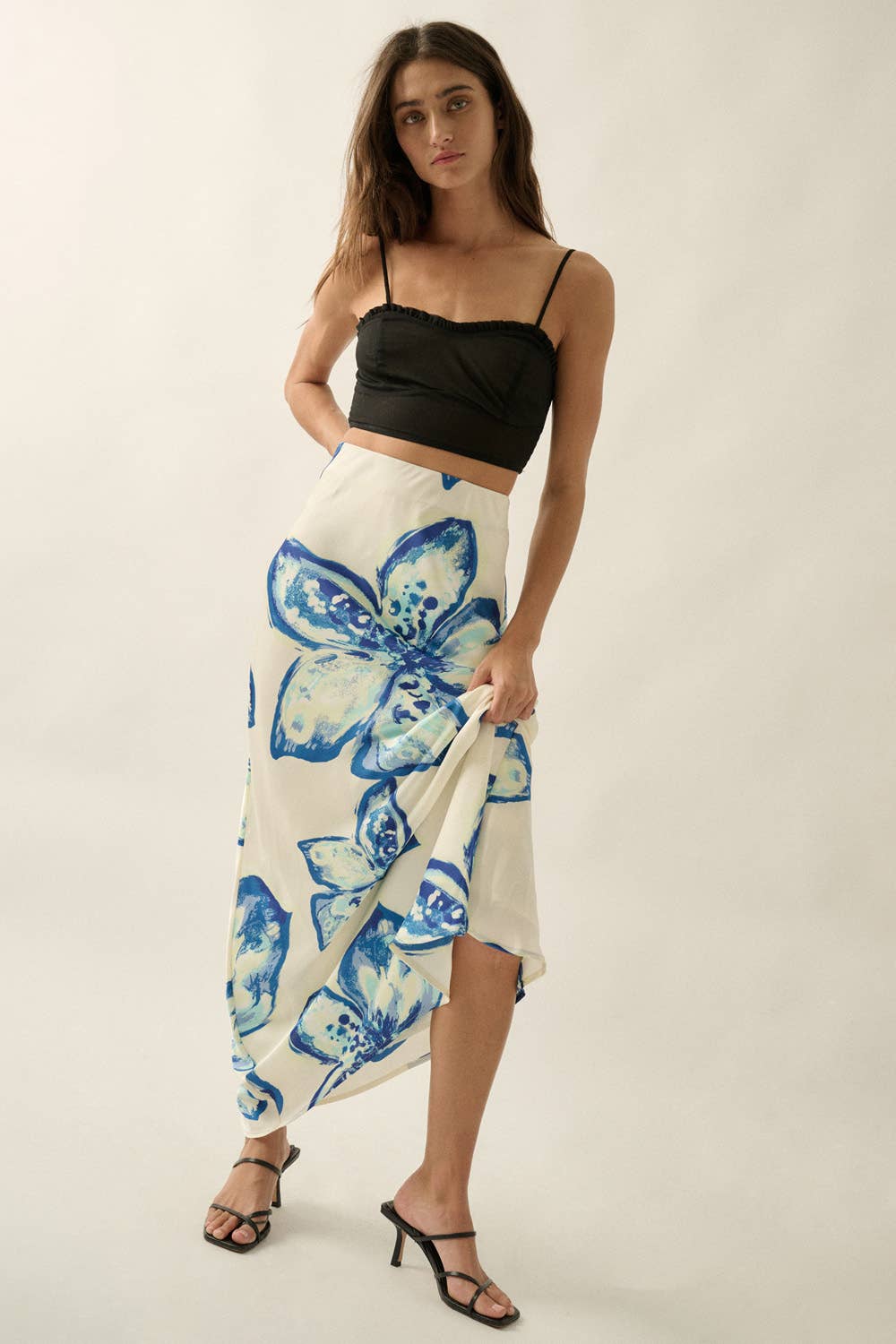 Floral-Print Satin Bias-Cut Elastic-Waist Maxi Skirt - ivyandlavyboutique Promesa USA
