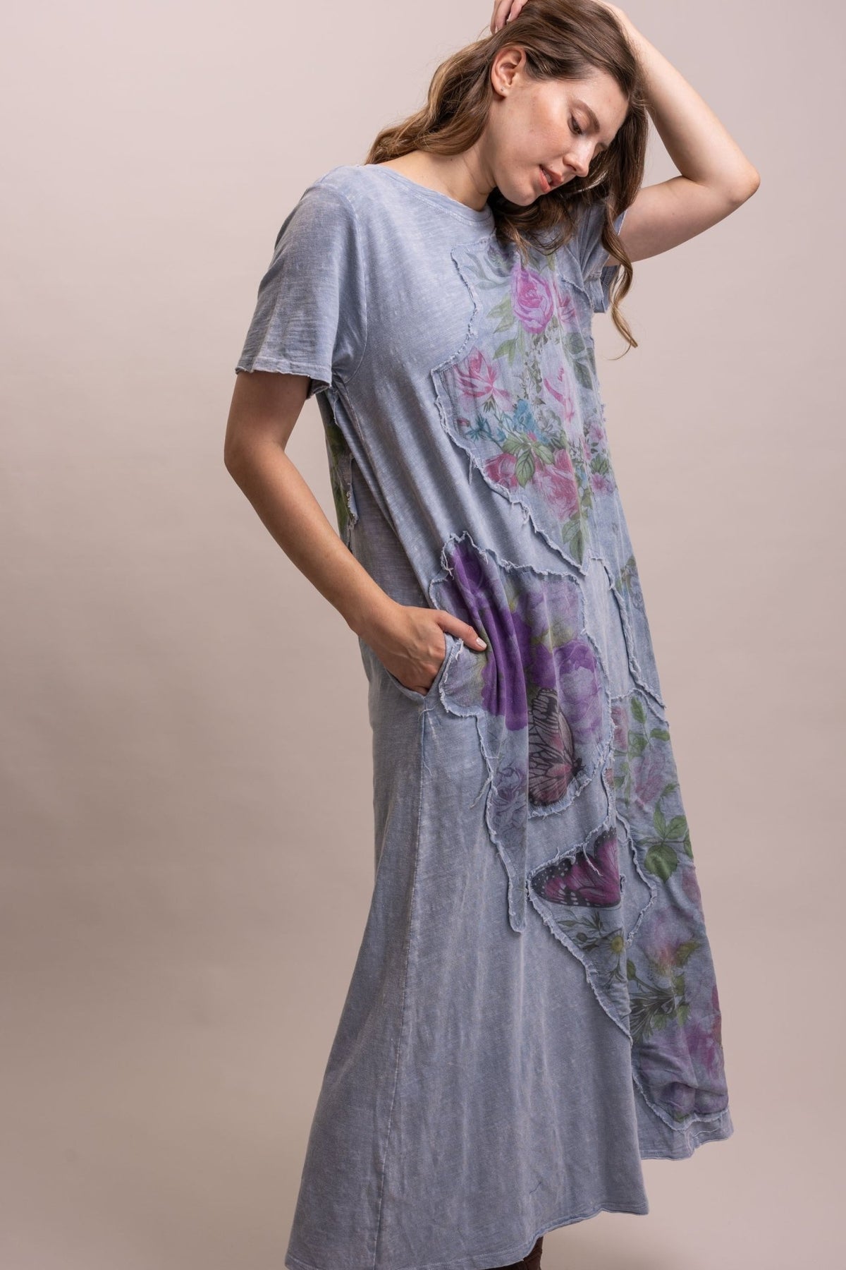 Flower Butterfly Applique Patchwork Long Dress - Boho Wanderlust Boutique Blue Velvet