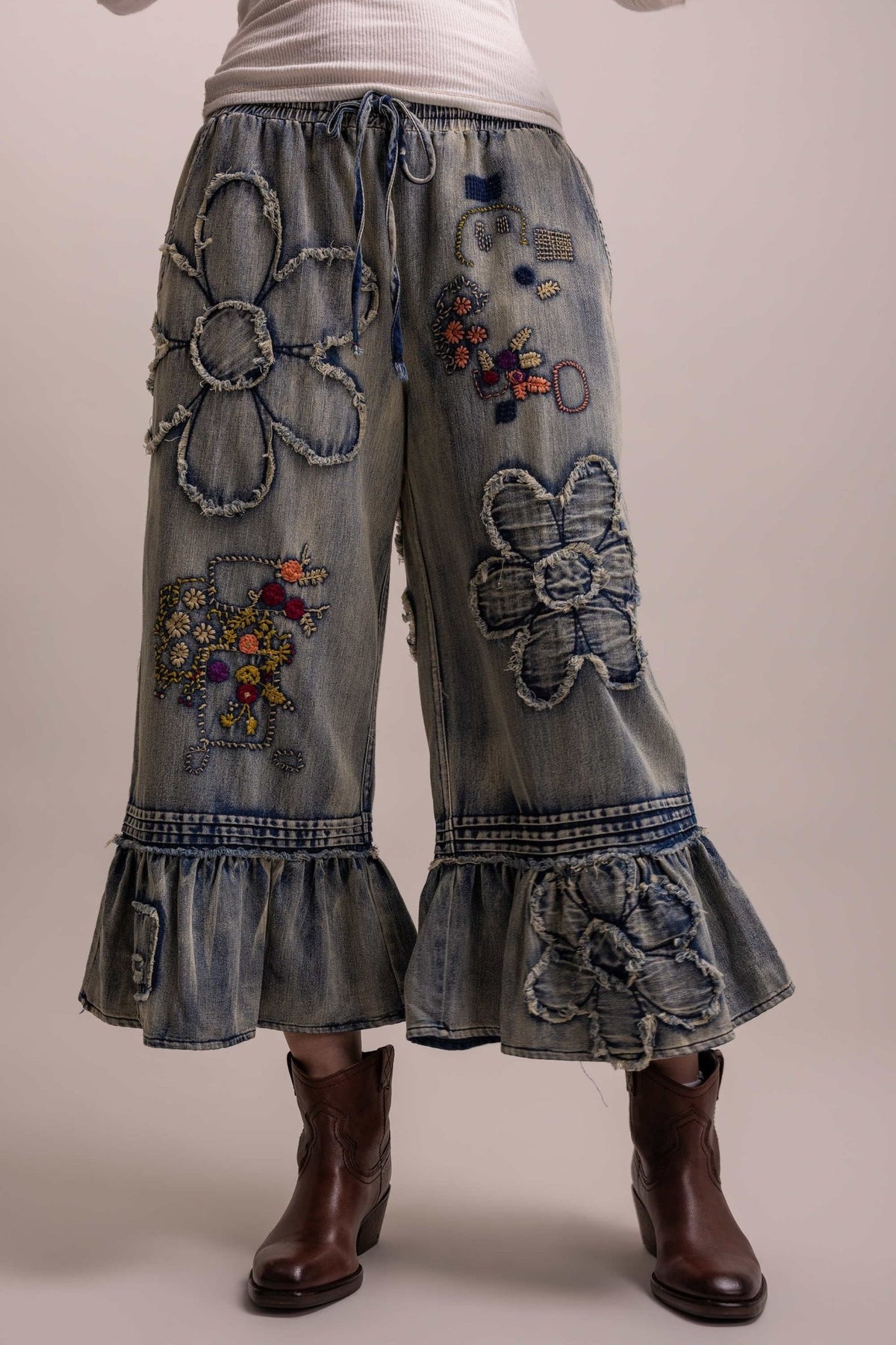 Flower Embroidery Patchwork Ruffle Hem Cropped Pants - Boho Wanderlust Boutique Blue Velvet