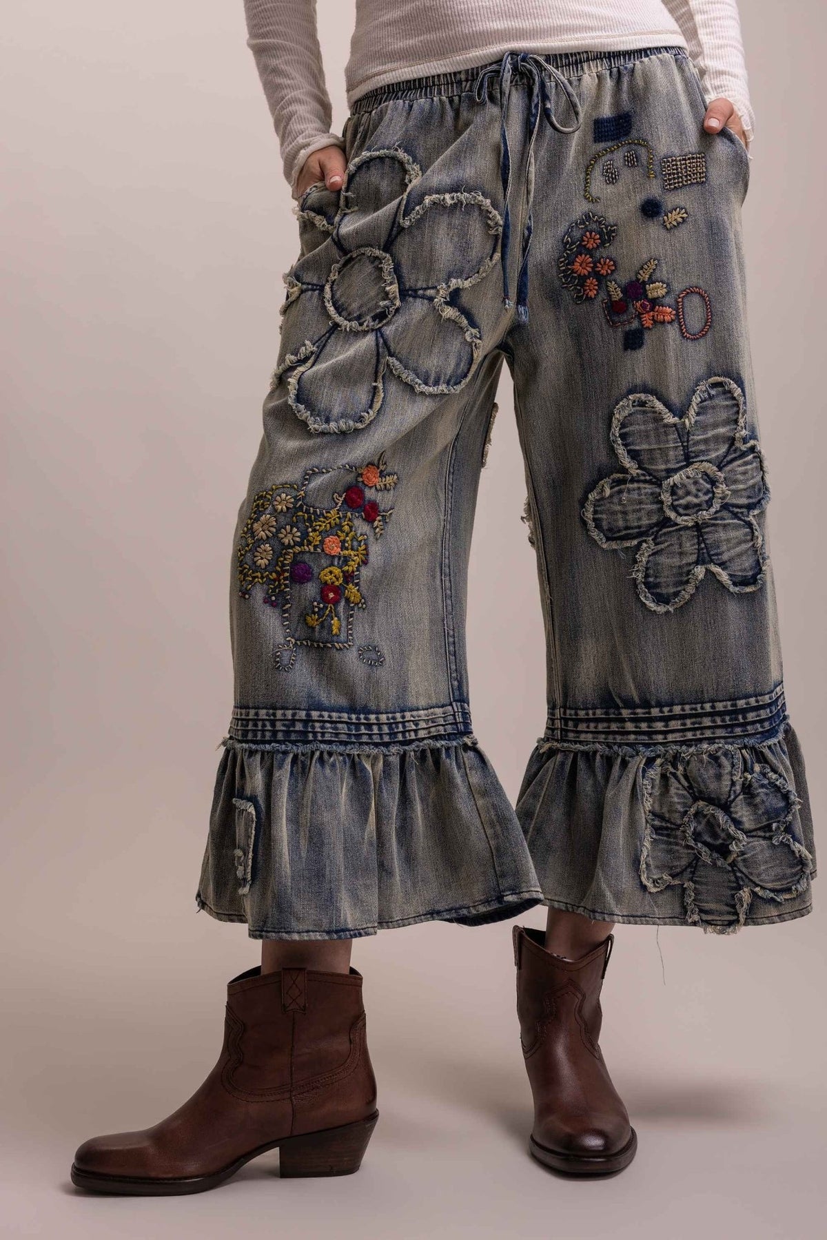 Flower Embroidery Patchwork Ruffle Hem Cropped Pants - Boho Wanderlust Boutique Blue Velvet