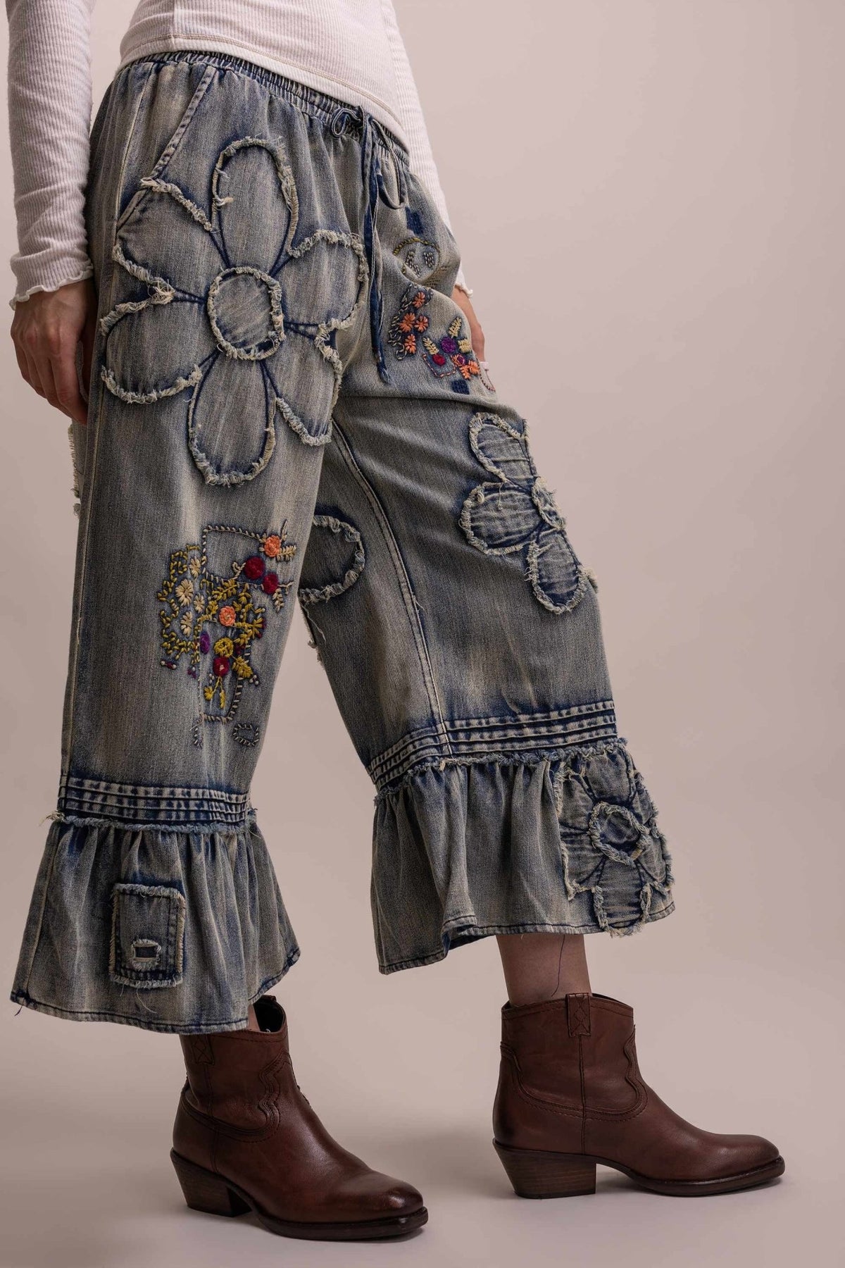 Flower Embroidery Patchwork Ruffle Hem Cropped Pants - Boho Wanderlust Boutique Blue Velvet
