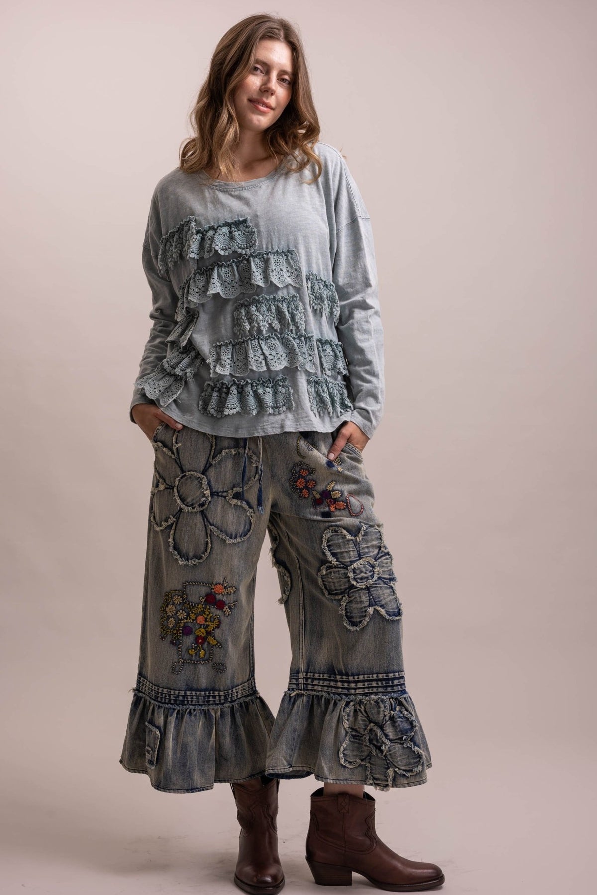 Flower Embroidery Patchwork Ruffle Hem Cropped Pants - Boho Wanderlust Boutique Blue Velvet