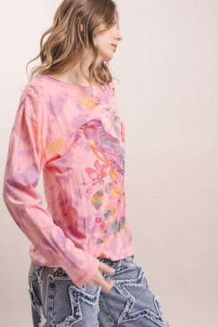 Flower Robin Print Tie Dye Long Sleeve Top - ivyandlavyboutique Blue Velvet
