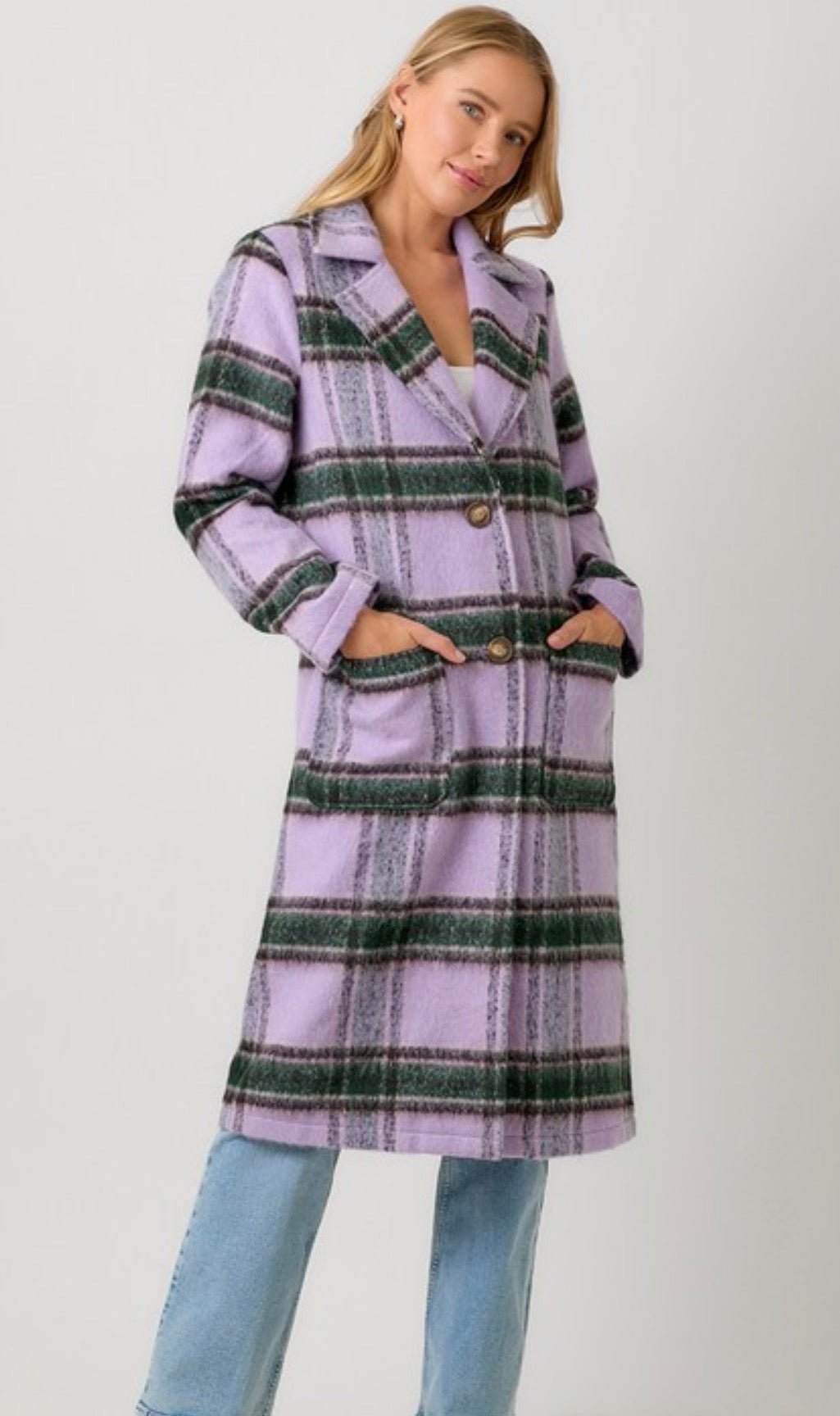 Fuzzy Plaid Long Coat - ivyandlavyboutique ivyandlavyboutique