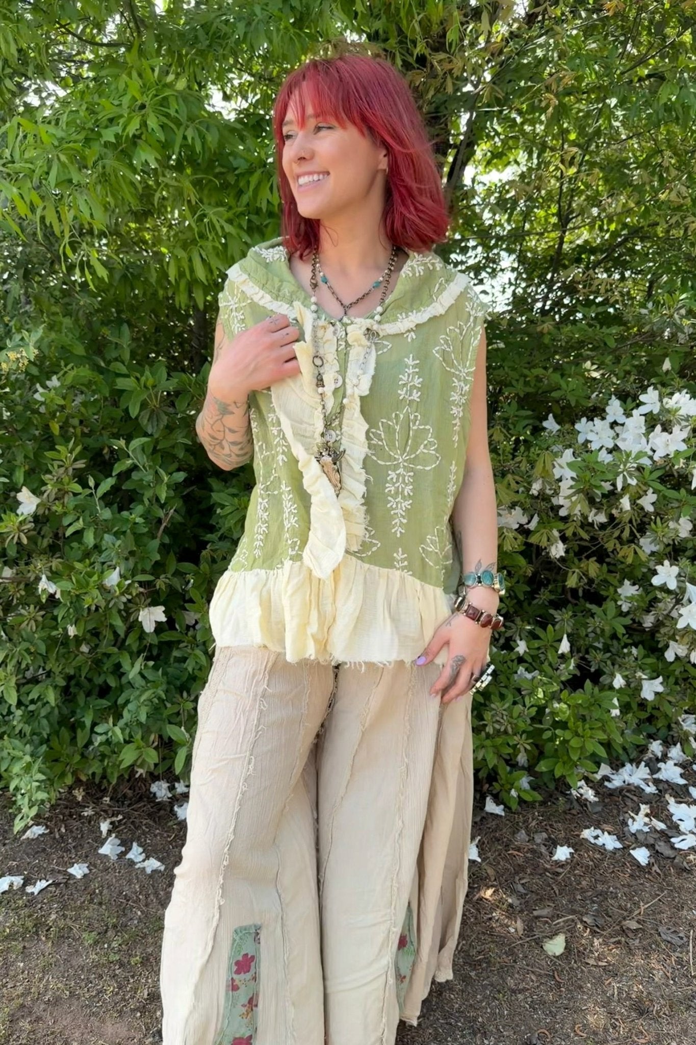 Green Apple Embroidery Ruffle Vest - ivyandlavyboutique A Rare Bird Shop