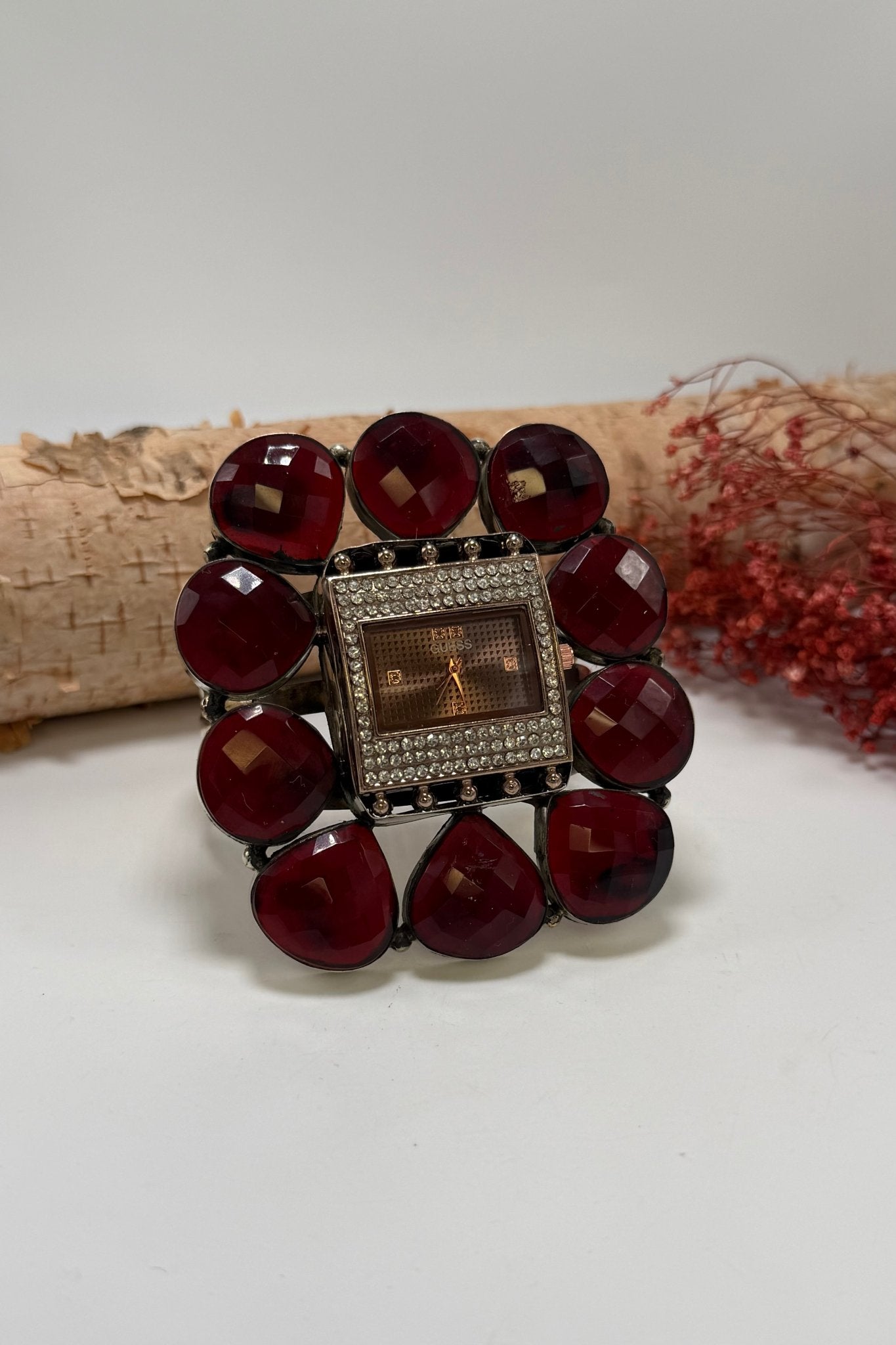 GUESS Bedazzled Watch Cuff/Red Crystal - ivyandlavyboutique ivyandlavyboutique